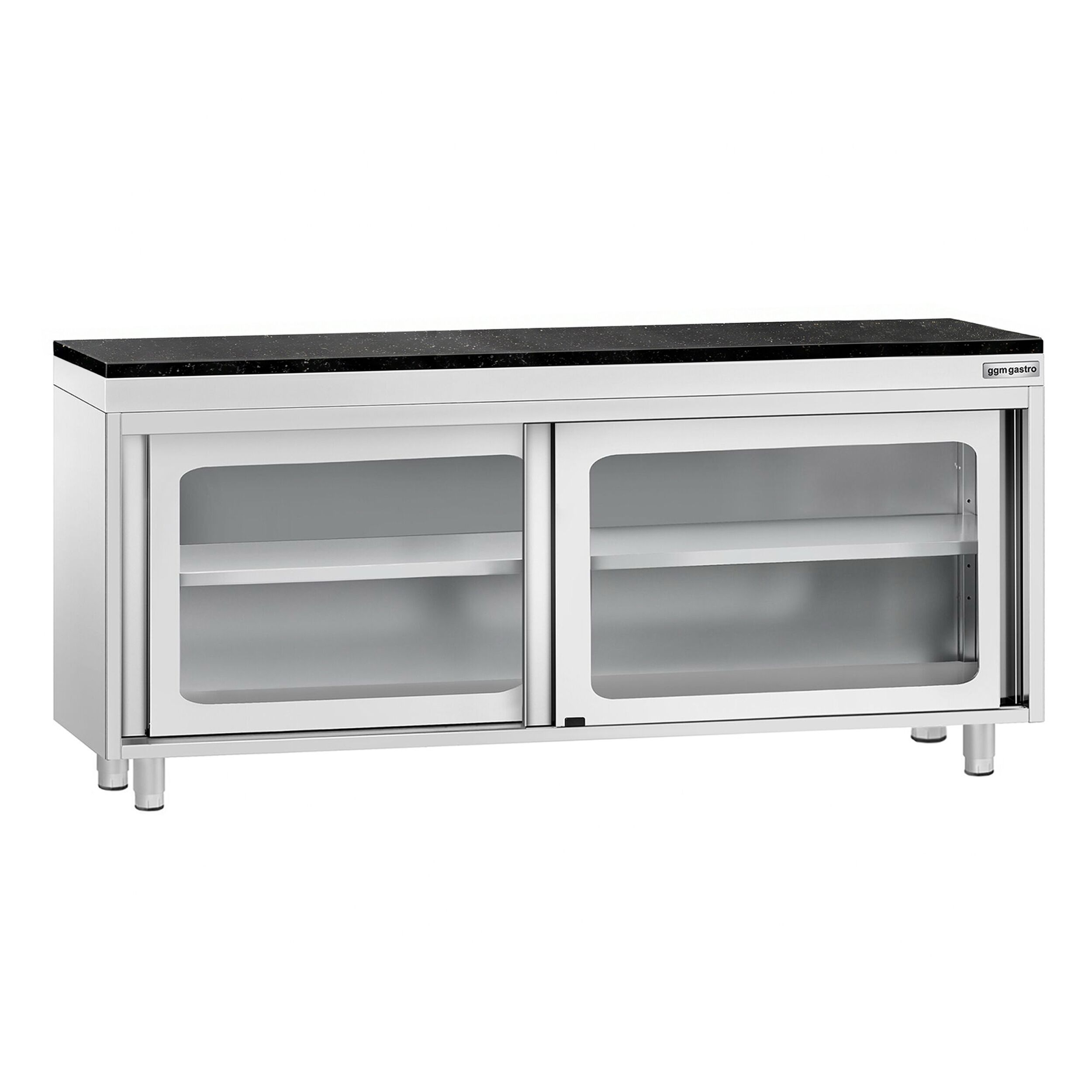 Roestvrijstalen werkkast PREMIUM - 1800 x 700 mm - met glazen schuifdeur - incl. granieten werkblad
