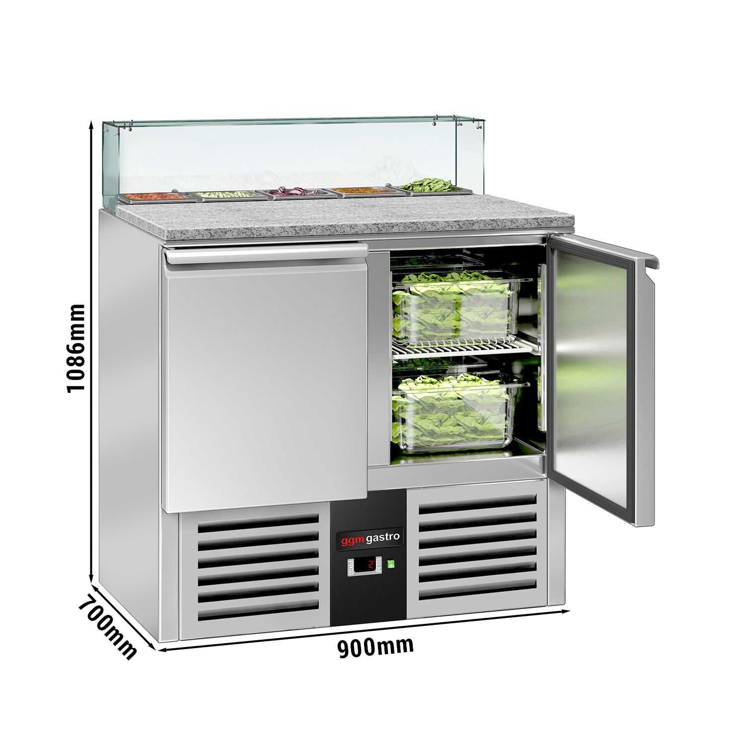 Saladette réfrigérée PREMIUM - 900mm - 240L - 2 portes - avec vitrine de comptoir pour 5x GN 1/6