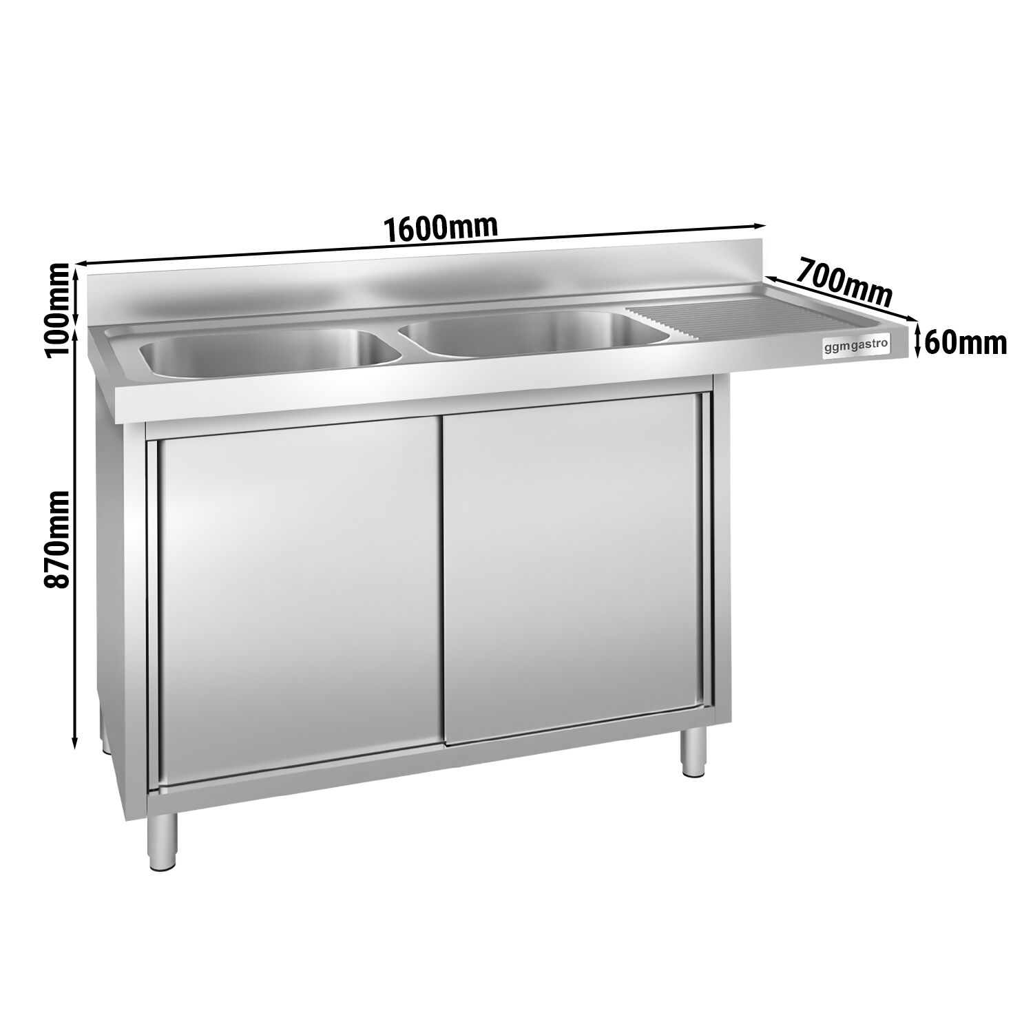 Plonge inox professionnelle PREMIUM - 1600x700mm - 2 bac(s) à gauche - avec égouttoir à droite - passage lave-vaisselle à droite
