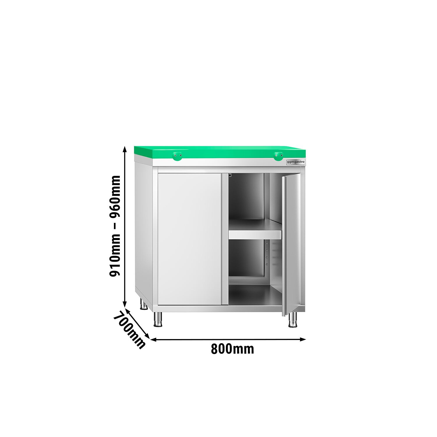 Table armoire en acier inoxydable PREMIUM - 800x700mm - avec portes battantes - incl. plateau de découpe Vert PEHD (HACCP)