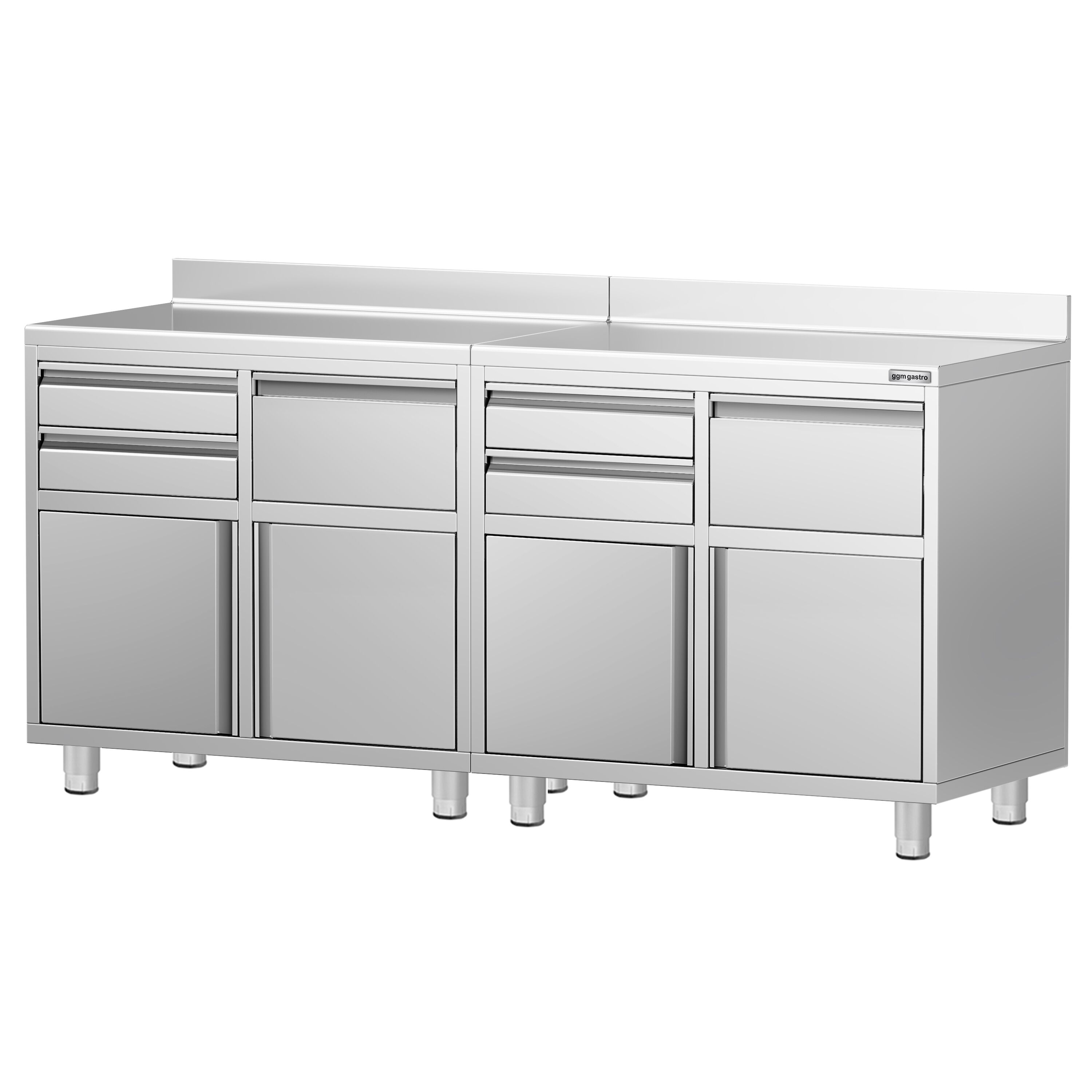 Armário de trabalho - para máquina de café - 2000x600mm - com 4 gavetas, 2 portas de batente e 2 gavetas para borras de café - com aba traseira 100mm