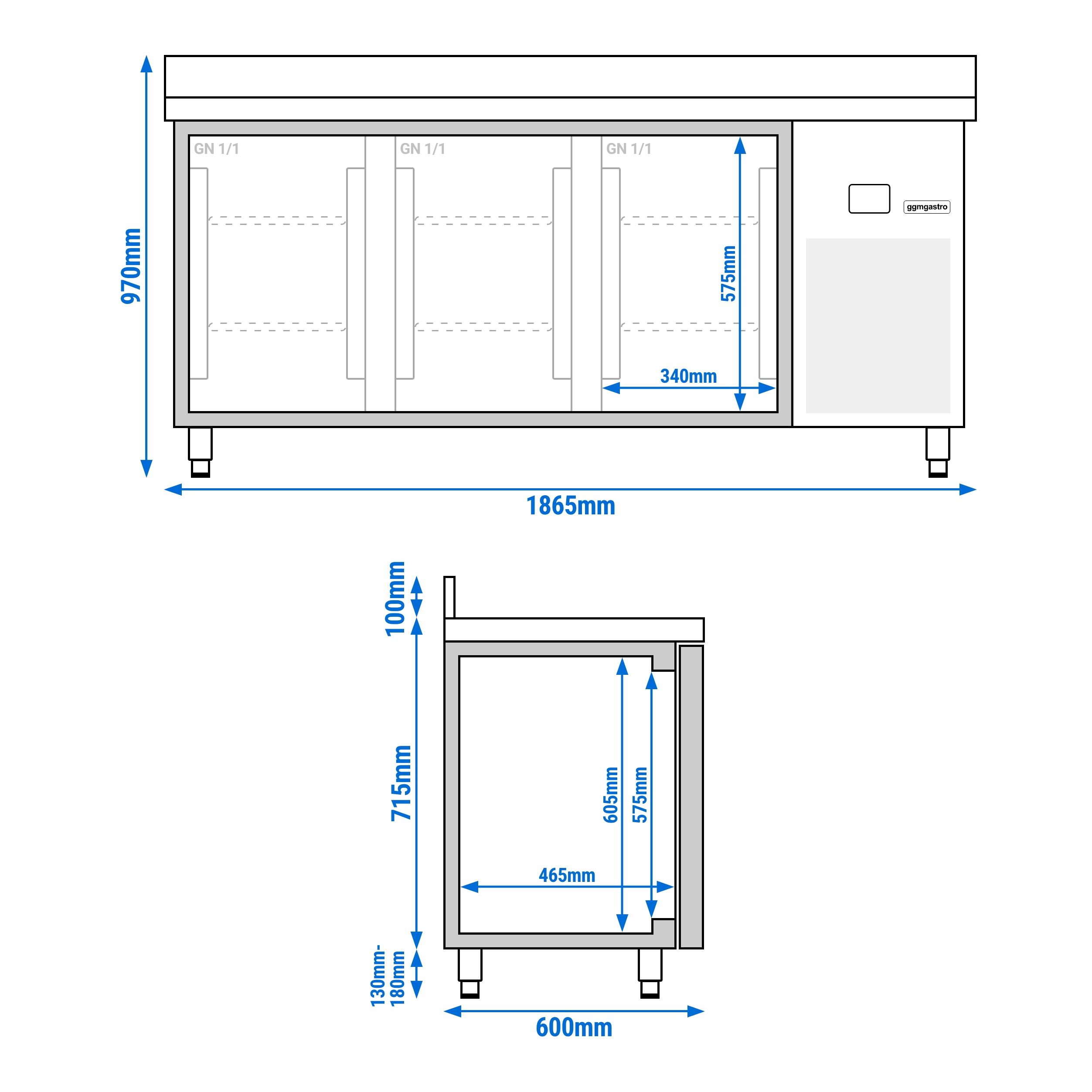 Table réfrigérée PREMIUM - 1860x600 mm - avec 3 portes - avec dosseret