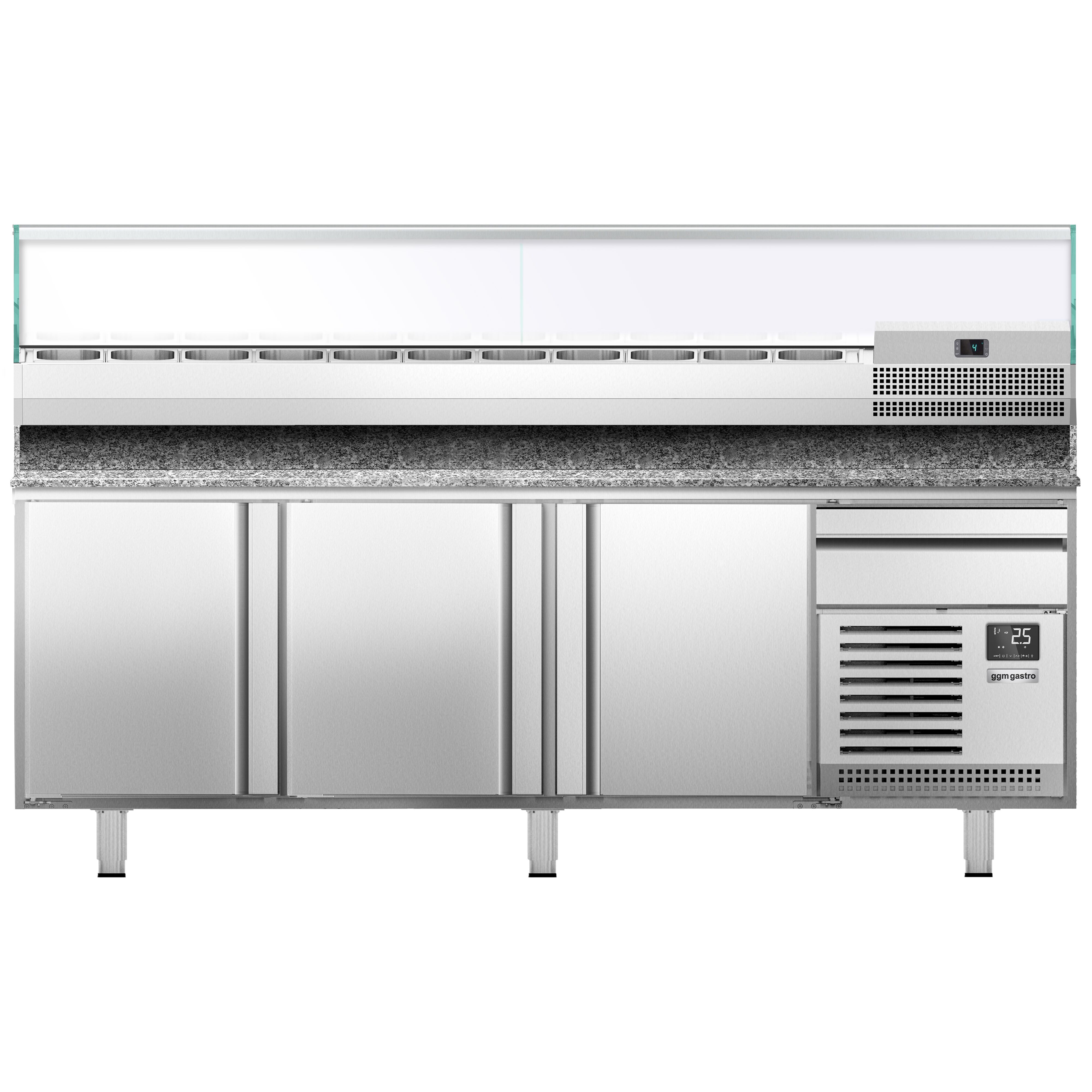 Table réfrigérée à pizza Premium PLUS - 2305x800 mm - avec 3 portes & 1 tiroir - incl. vitrine réfrigérée - 11x GN 1/4