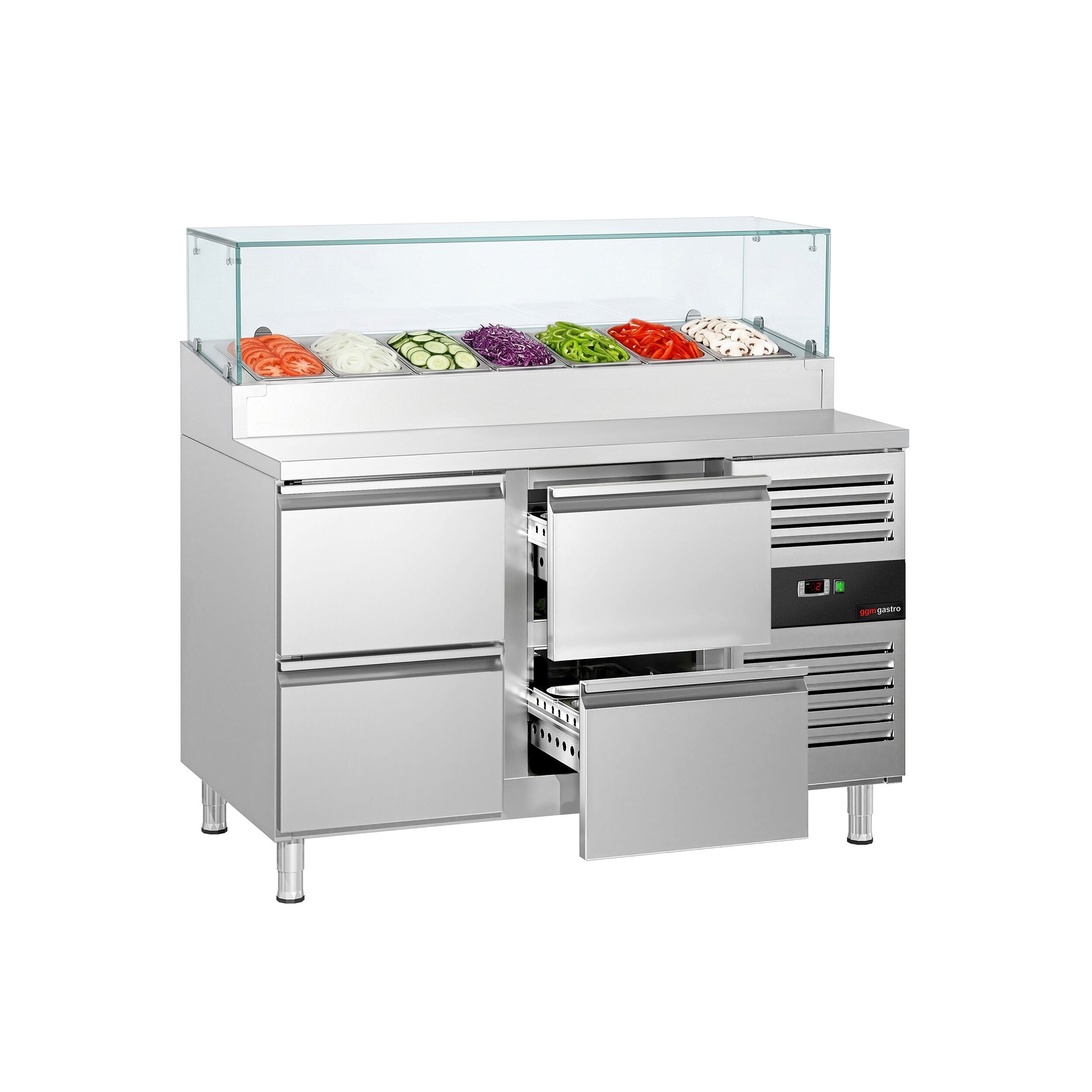 Zubereitungstisch PREMIUM - 1360mm - 4 Schubladen - mit Glasaufsatz - für 7x GN 1/3