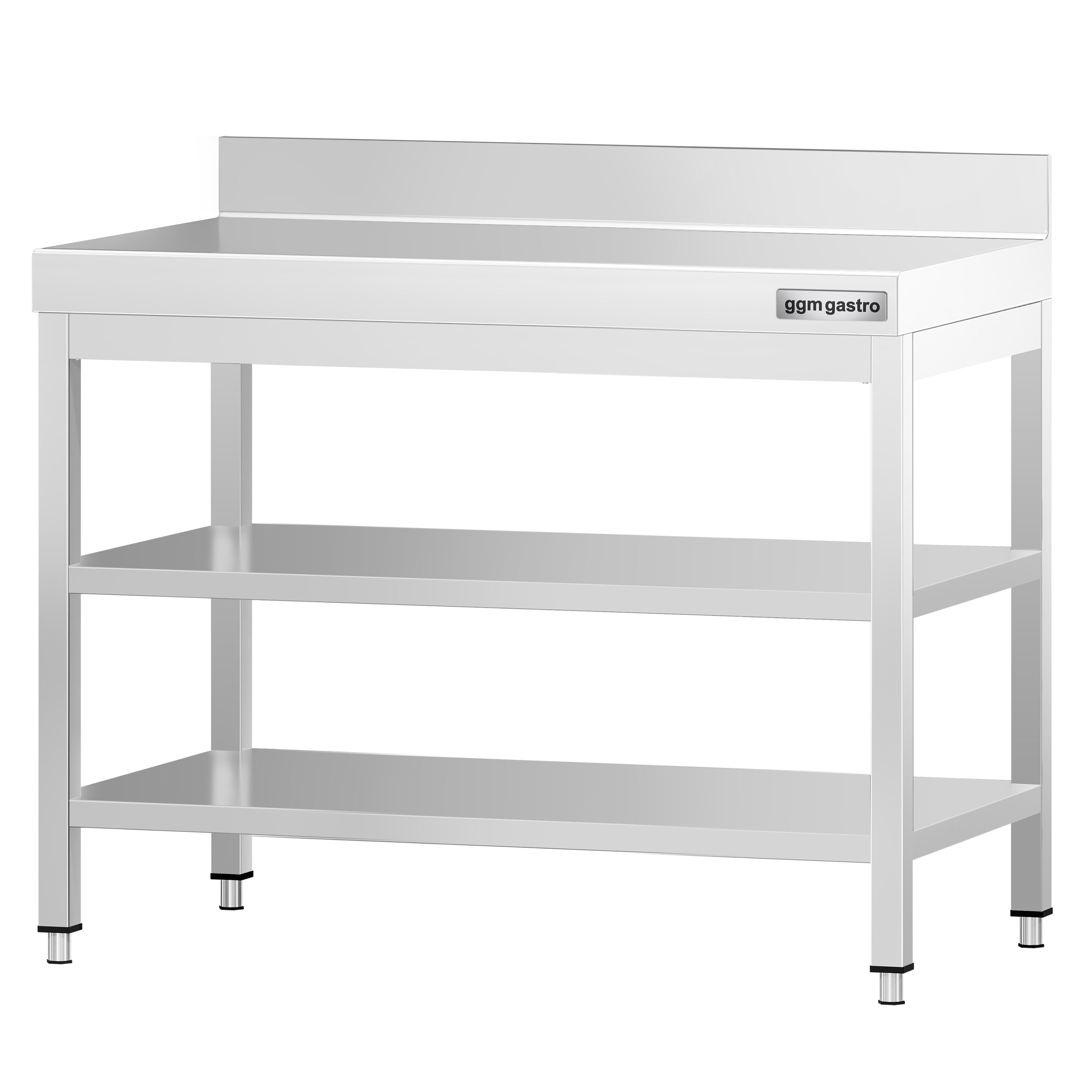 Table de travail inox PREMIUM - 800 x 600 mm - avec tablette inférieure, Dosseret & Tablette intermédiaire