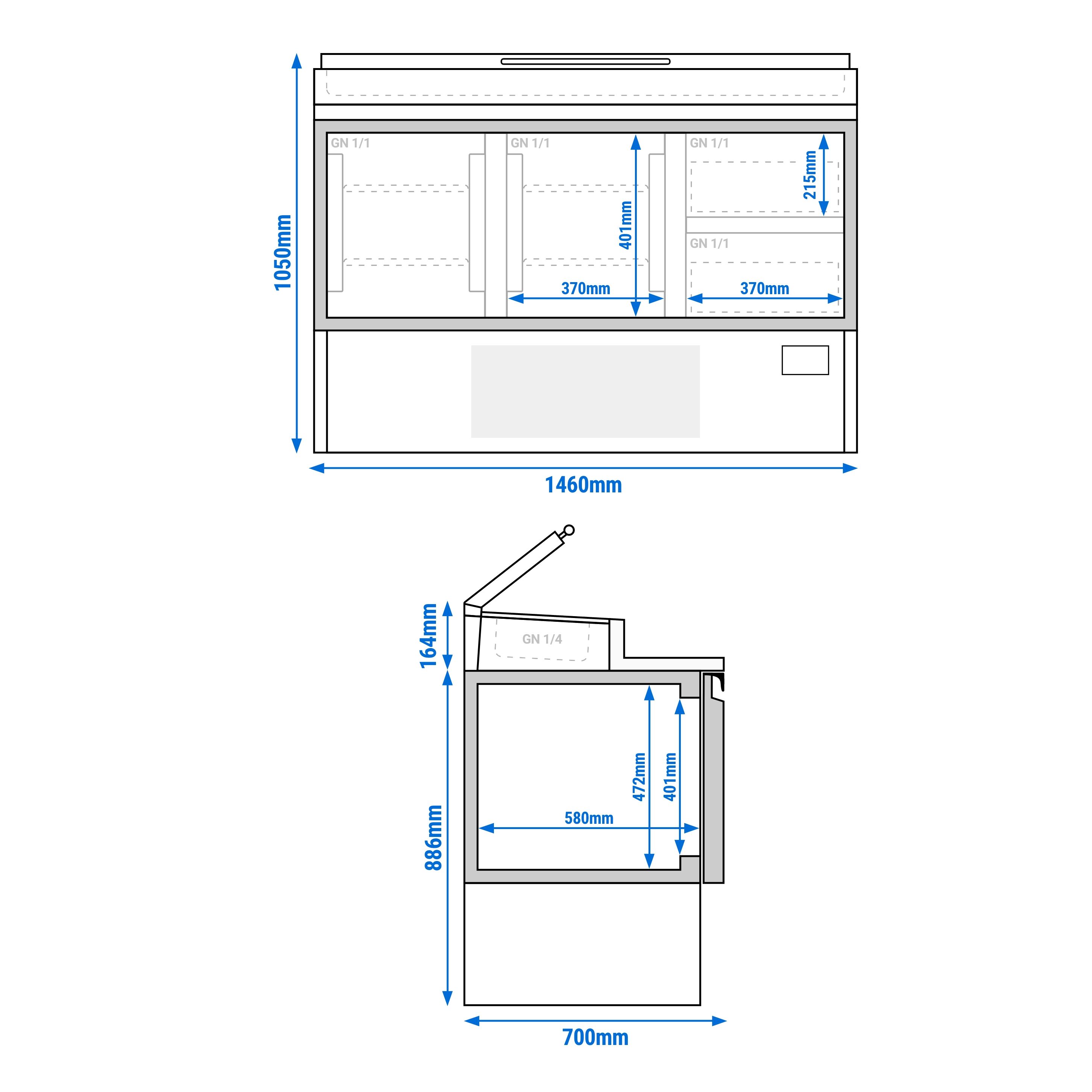 Table réfrigérée de préparation Mini - 1460 x 700 mm - avec 2 portes et 2 tiroirs - avec superstructure en inox 8 x GN 1/4