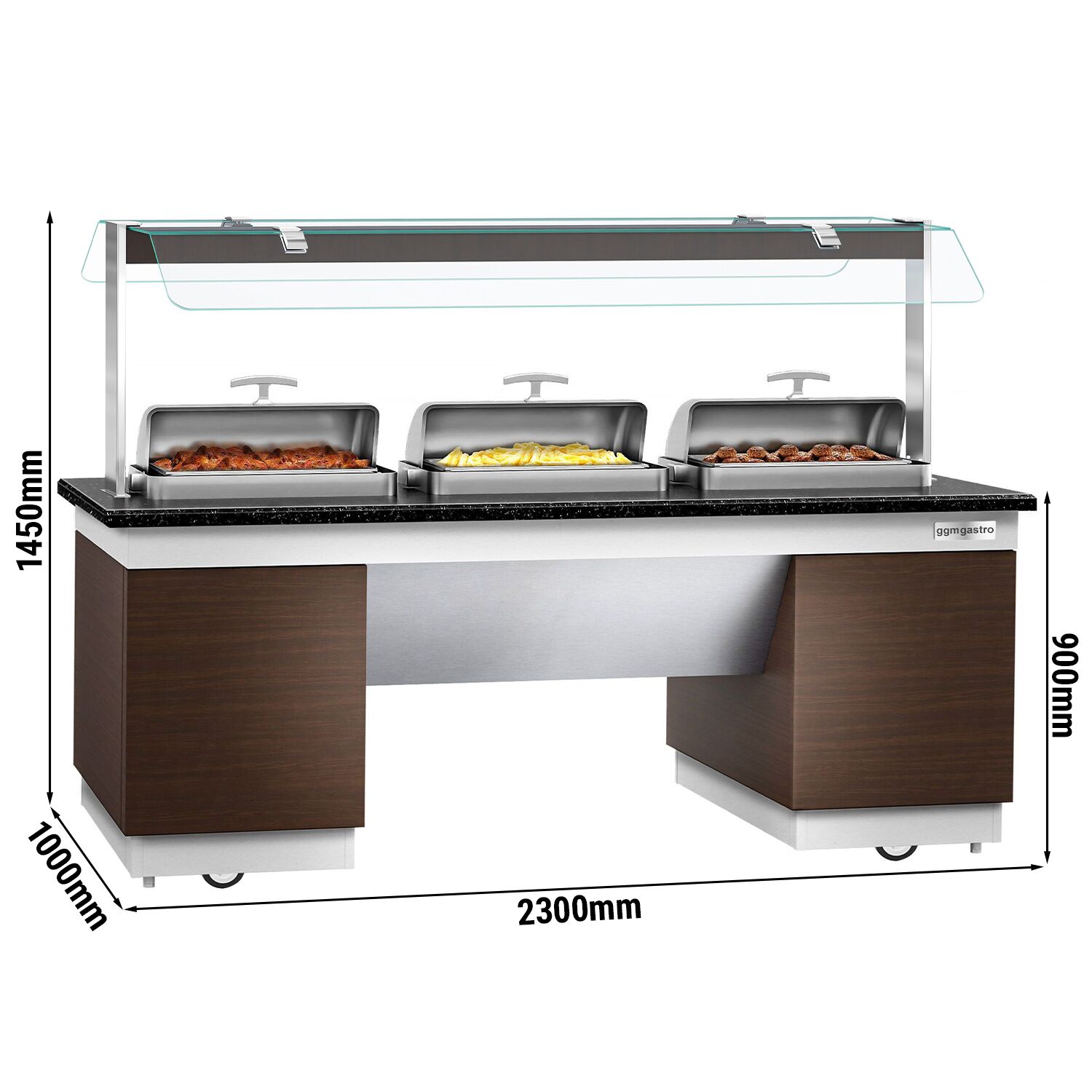Buffet chaud DUBLIN - 2300mm - avec 3 Chafing Dishes - sur roulettes