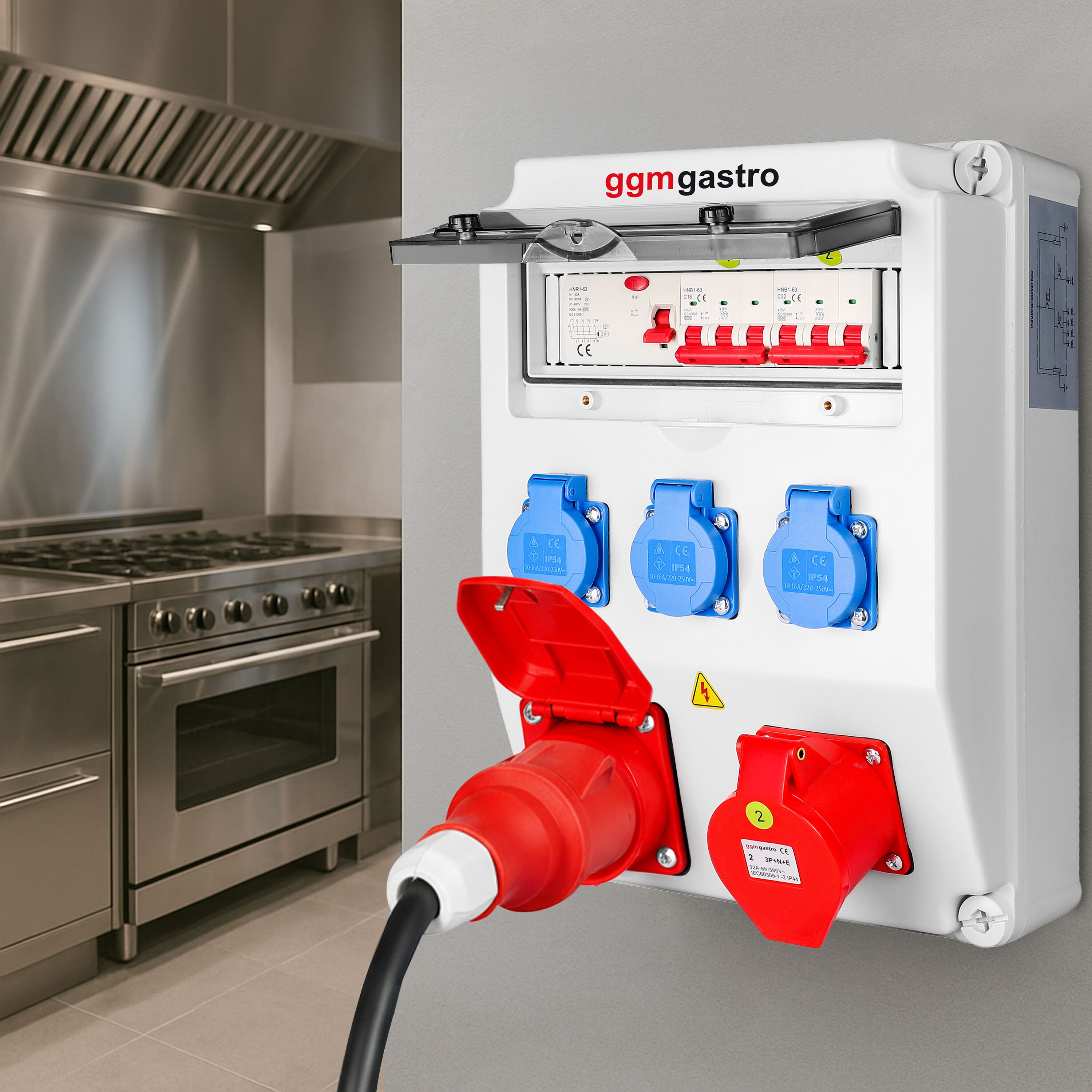 Coffret de chantier électrique - 3x 2P+T 16A 230V, 1x CEE 16A 400V 5P (rouge) & 1x CEE 32A 400V 5P (rouge) prises - Triphasé 400V - IP54 - avec interrupteur différentiel 30 mA intégré