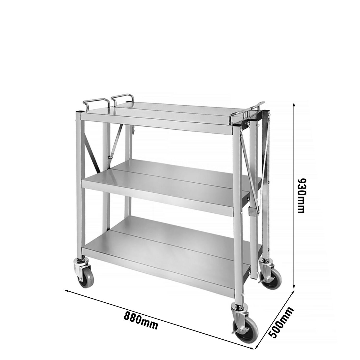 Chariot de service – pliable – 880x500 mm – avec 3 surfaces de rangement