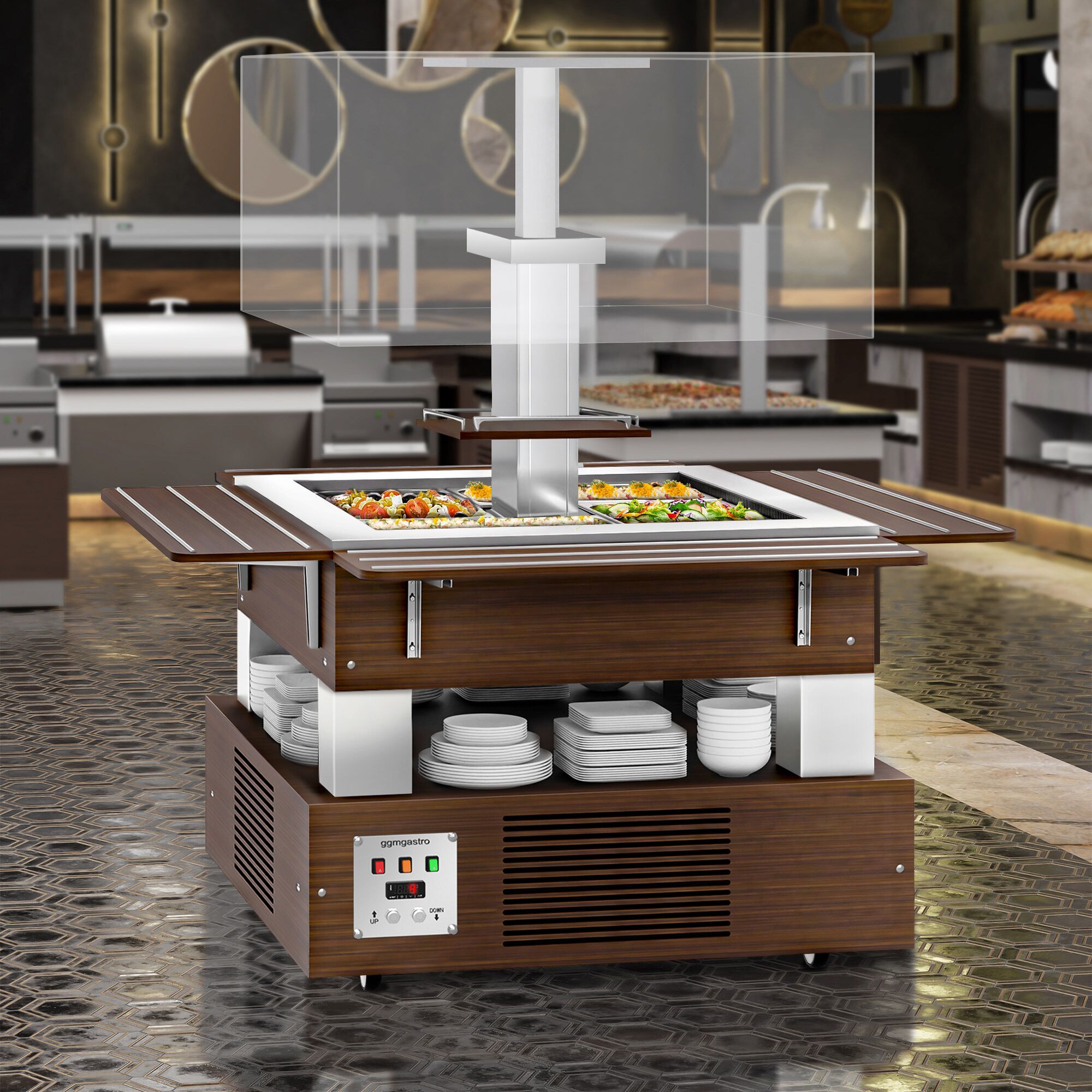 Salatbar Kaltbuffet DUBLIN - 1600mm - mit geradem Glasaufsatz - für 4x GN 1/1 - Braun
