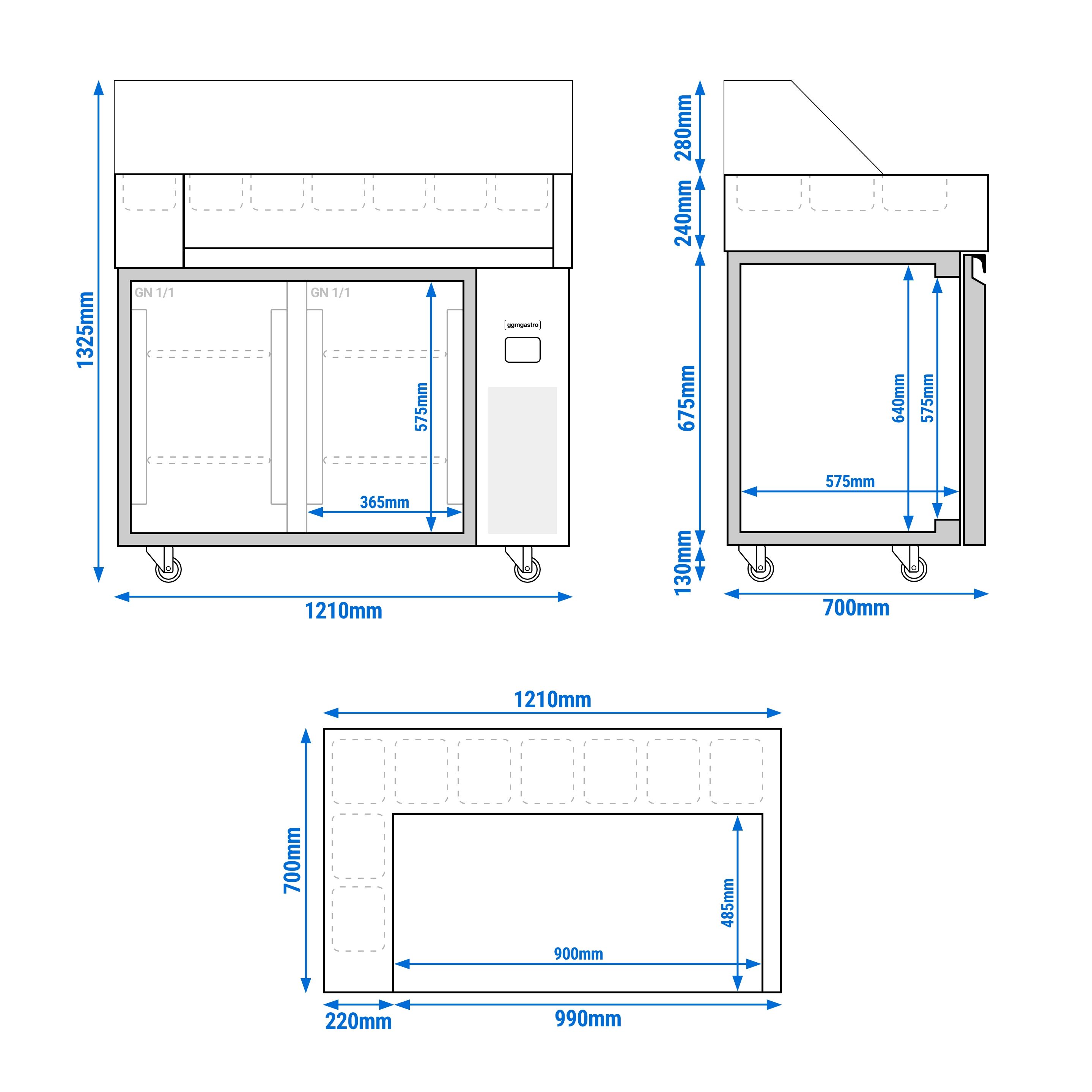 Saladette Kompakt - 1210x700 mm - glasöverdel - 2 dörrar - för 9x GN 1/6 - inkl. Hotdoggrill & -värmare