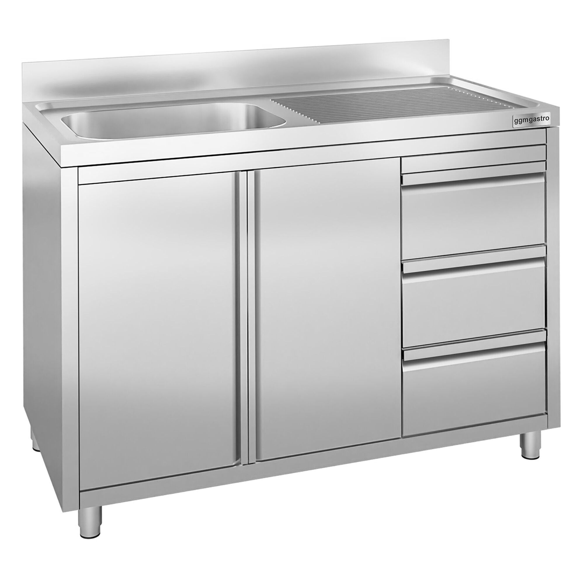 Commercial Sink Cabinet - Stainless Steel - 1200x700 - 3 Drawers - 1 Bowl Left