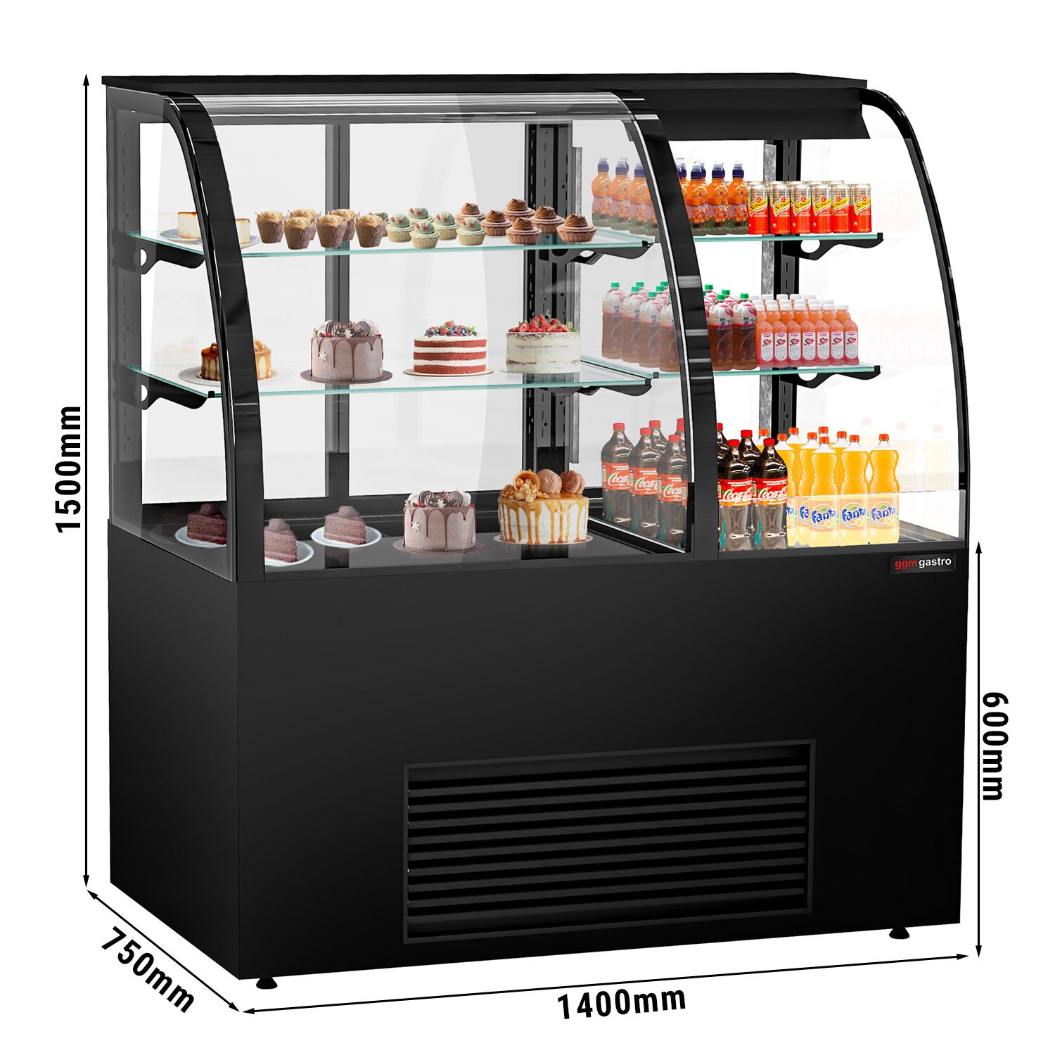 Commercial cake display fridge Self-Service - 1400mm - Double glazing - square - with 2 glass shelves