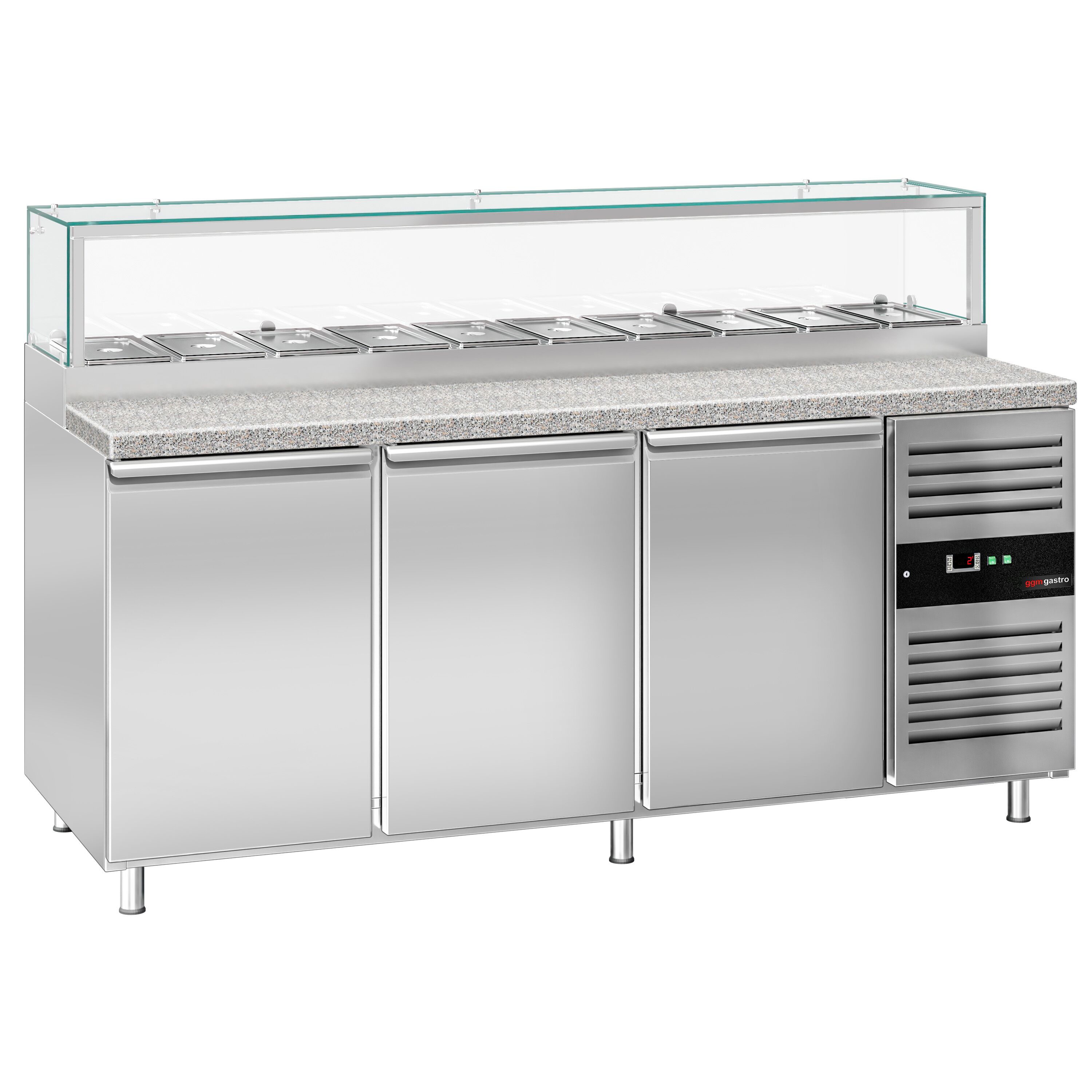 Saladette réfrigérée PREMIUM - 2020mm - 3 portes - avec vitrine de comptoir pour 10x GN 1/3 & 1 étagère - plan de travail en granit noir