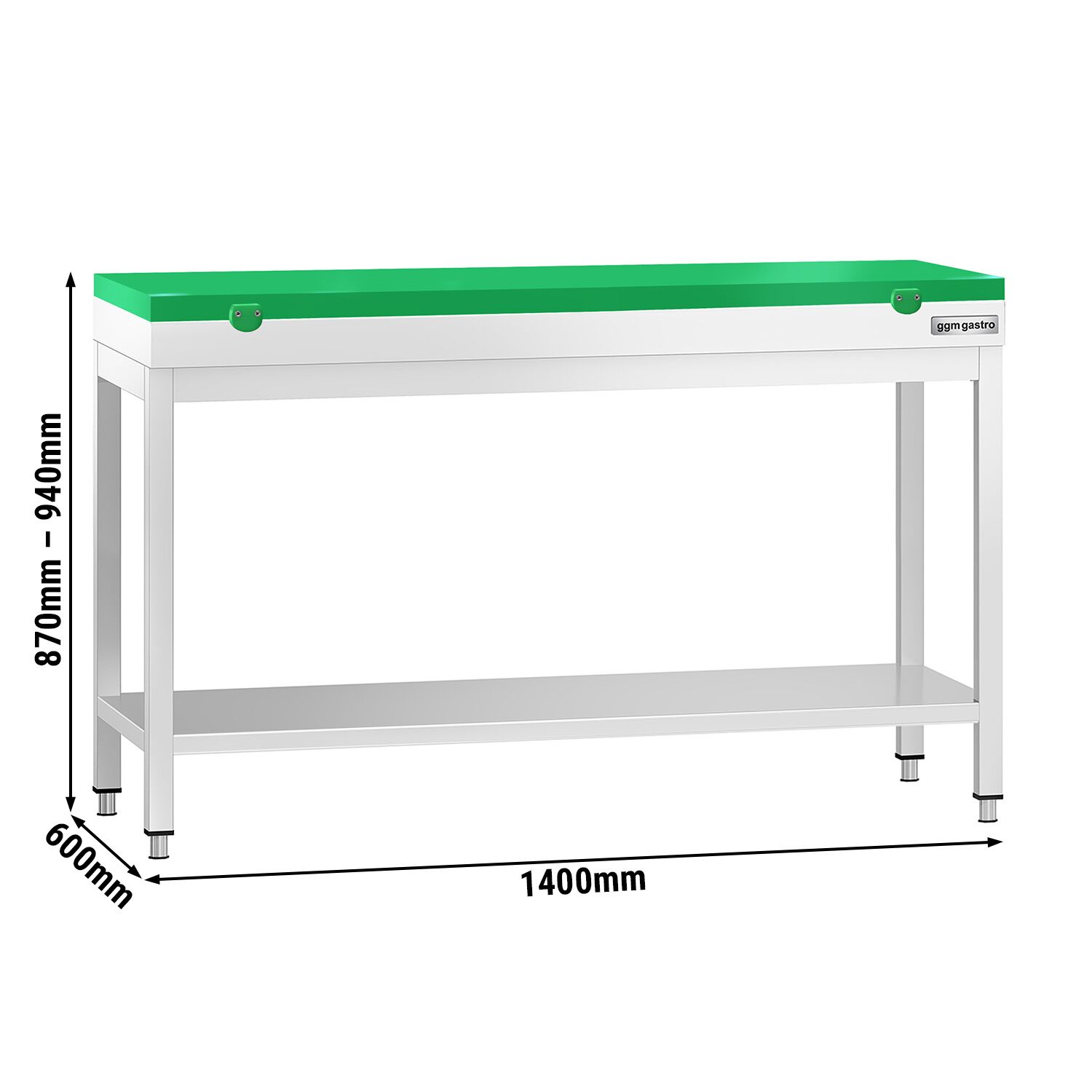 Table de travail inox PREMIUM - 1400 x 600 mm - avec tablette inférieure - incl. Planche à découper Verte