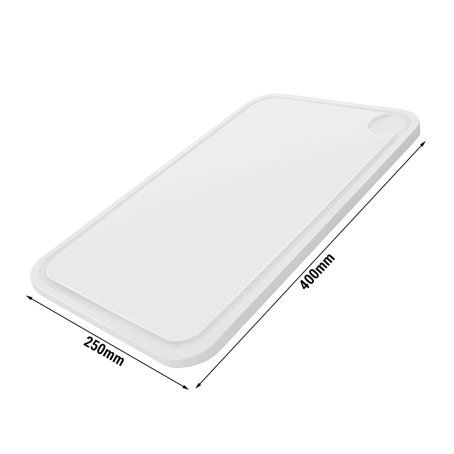 Planche à découper avec rigole à jus - 250x400mm - Épaisseur: 20mm - Conforme HACCP - Polyéthylène - Blanc
