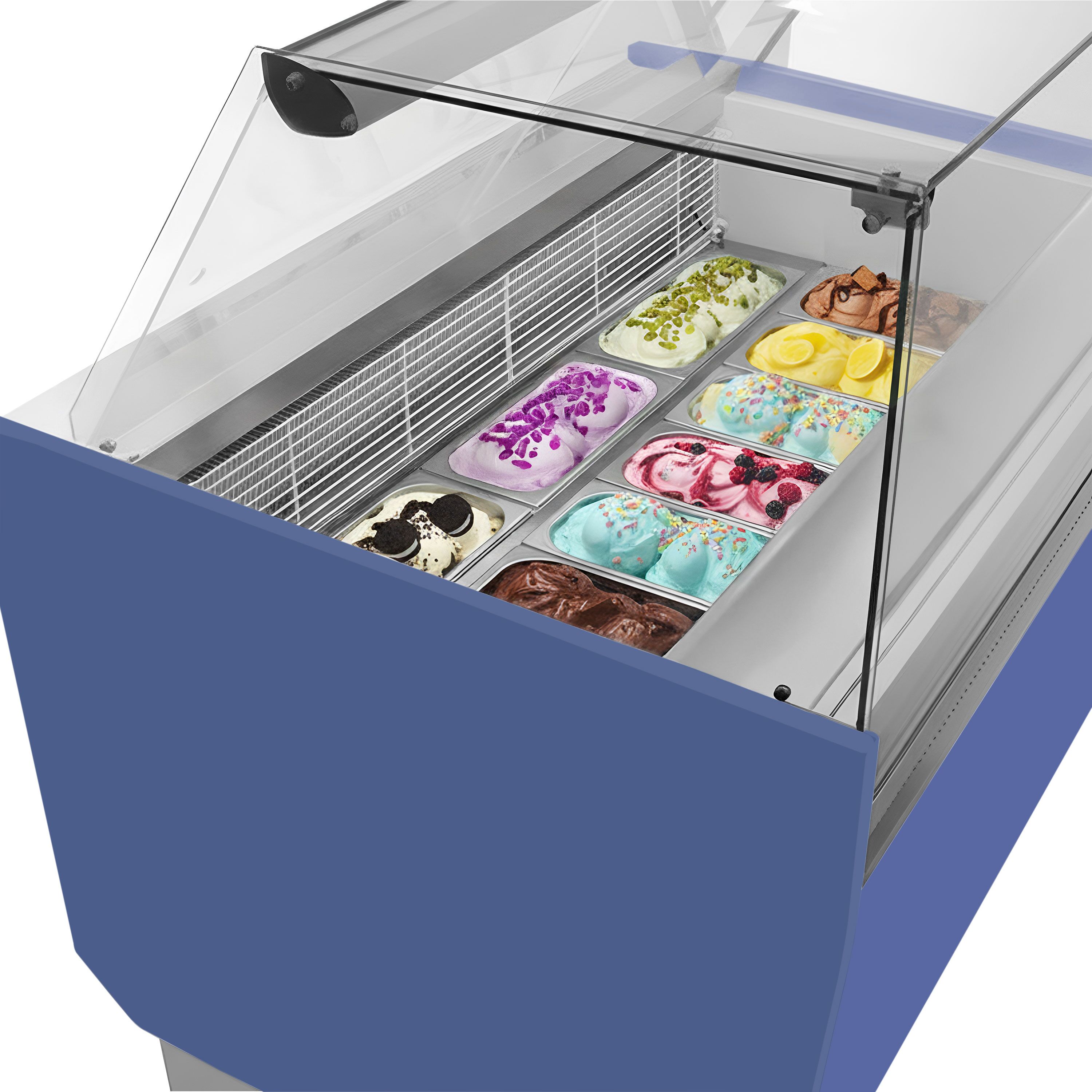 Vitrine à glace LIAM – 1310 mm – refroidissement statique – pour 10+10 bacs à glace de 5 litres – Bleu