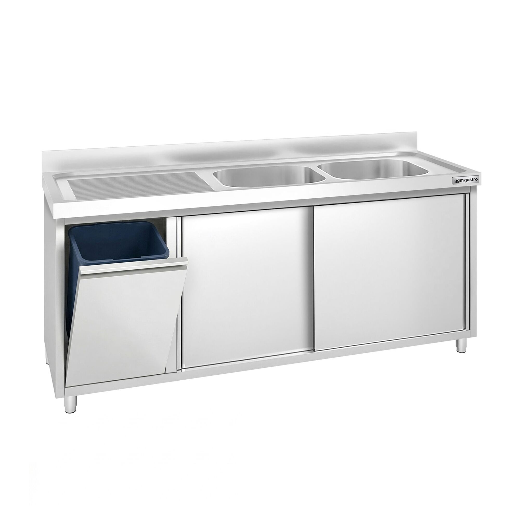 Meuble plonge PREMIUM - 1800x600mm - avec poubelle intégrée et 2 bacs