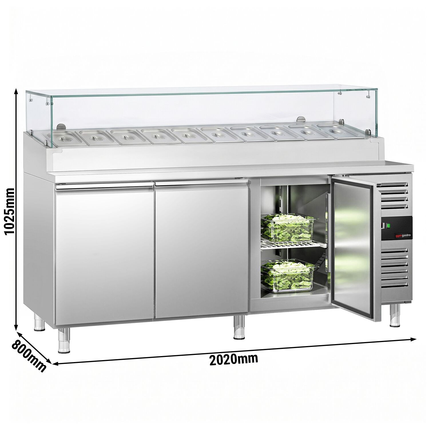 Zubereitungstisch PREMIUM - 2020mm - 3 Türen - mit Glasaufsatz - für 10x GN 1/3