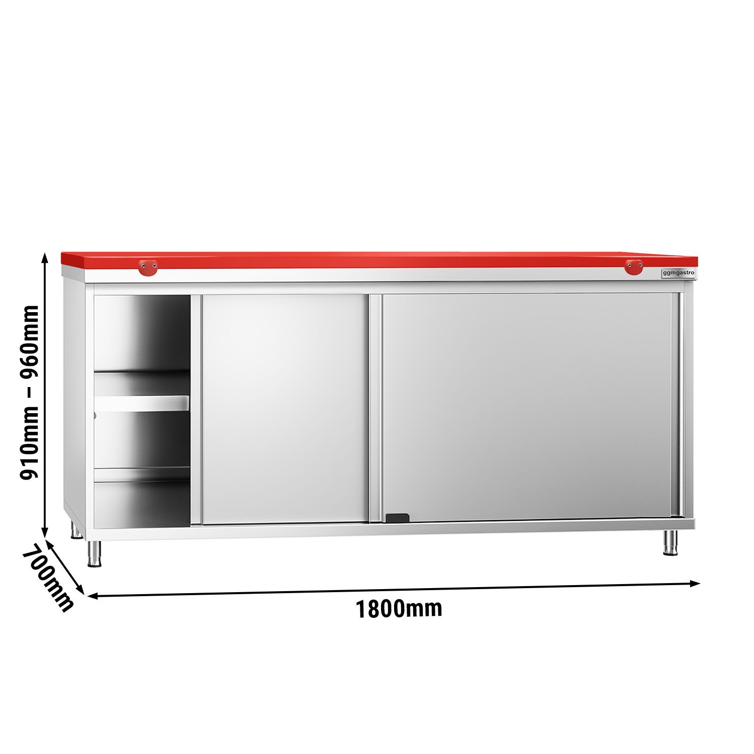 Table armoire en acier inoxydable PREMIUM - 1800x700mm - avec portes coulissantes et étagère basse - incl. plateau de découpe Rouge PEHD (HACCP) - pour viandes crues