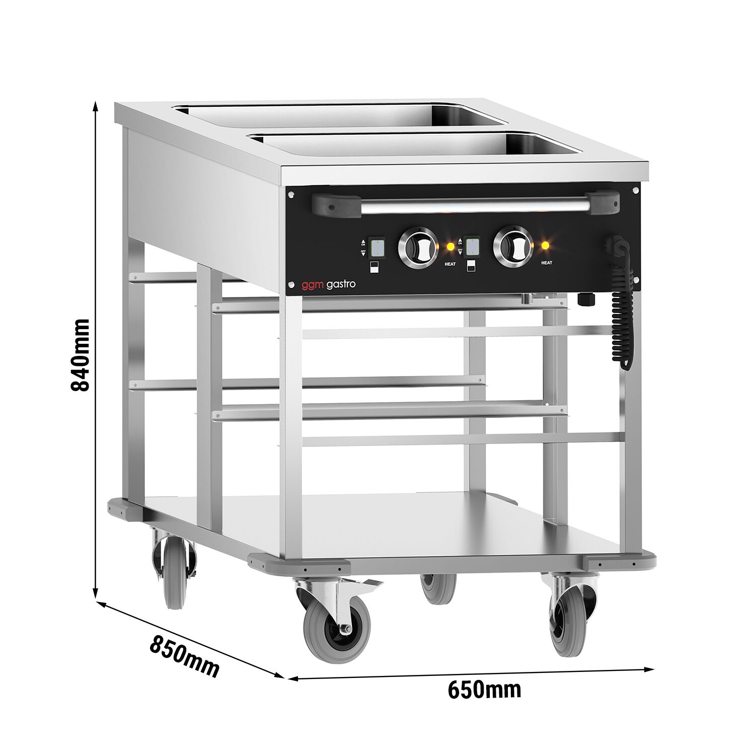 Chariot bain-marie – 2 kW – 2× GN 1/1 – Température des cuves réglable séparément