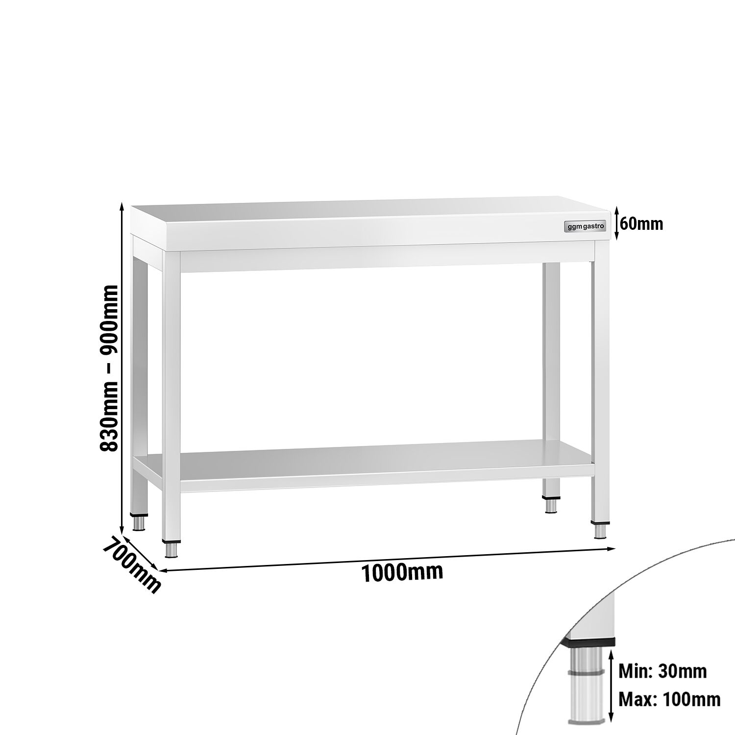 Table de travail inox PREMIUM - 1000 x 700 mm - avec tablette inférieure