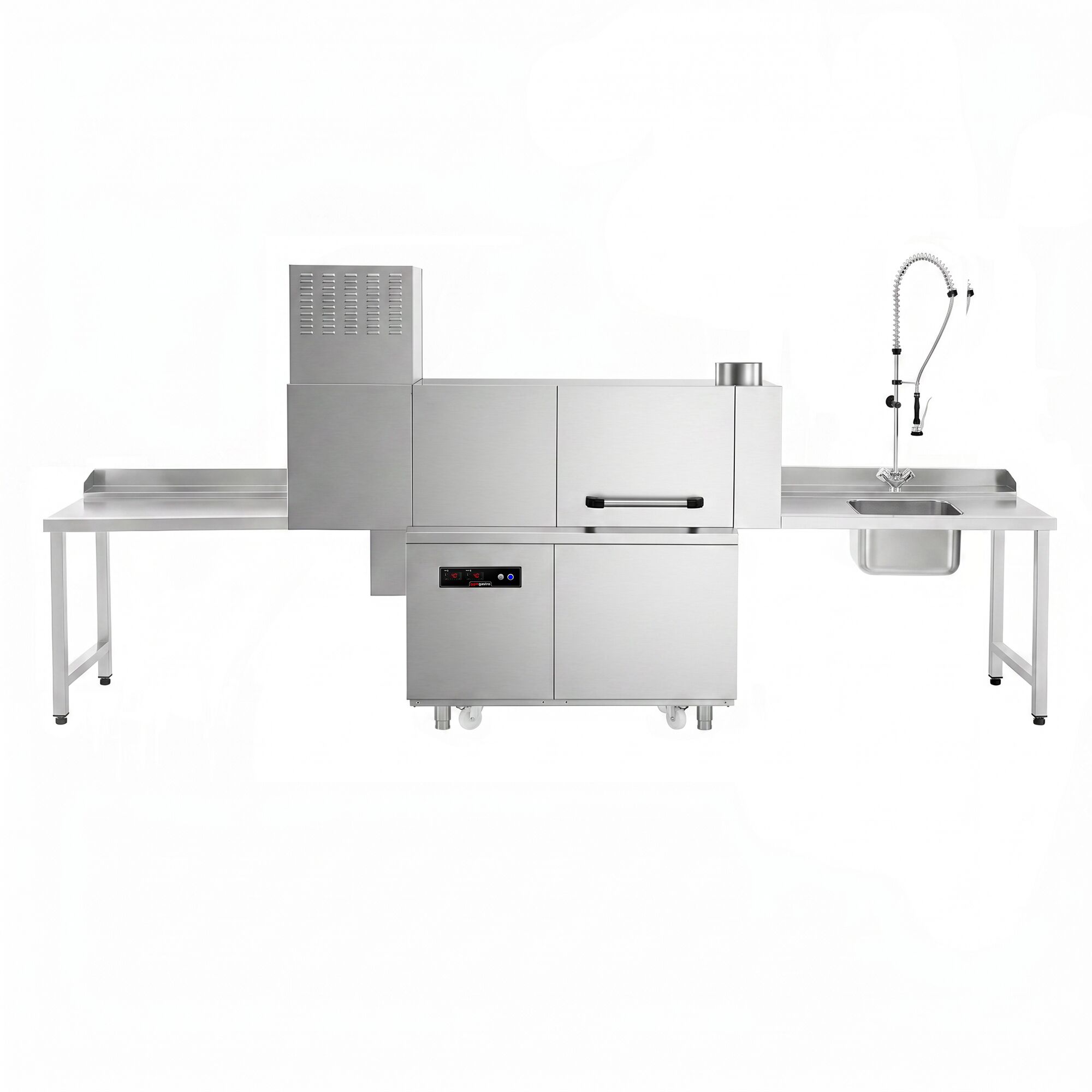 Lave-vaisselle à convoyeur - Commande électronique (affichage numérique) - 47kW - panier 500x500mm - avec tunnel de séchage - avec pompes doseuses intégrées pour détergent et produit de rinçage - Table d’entrée à gauche