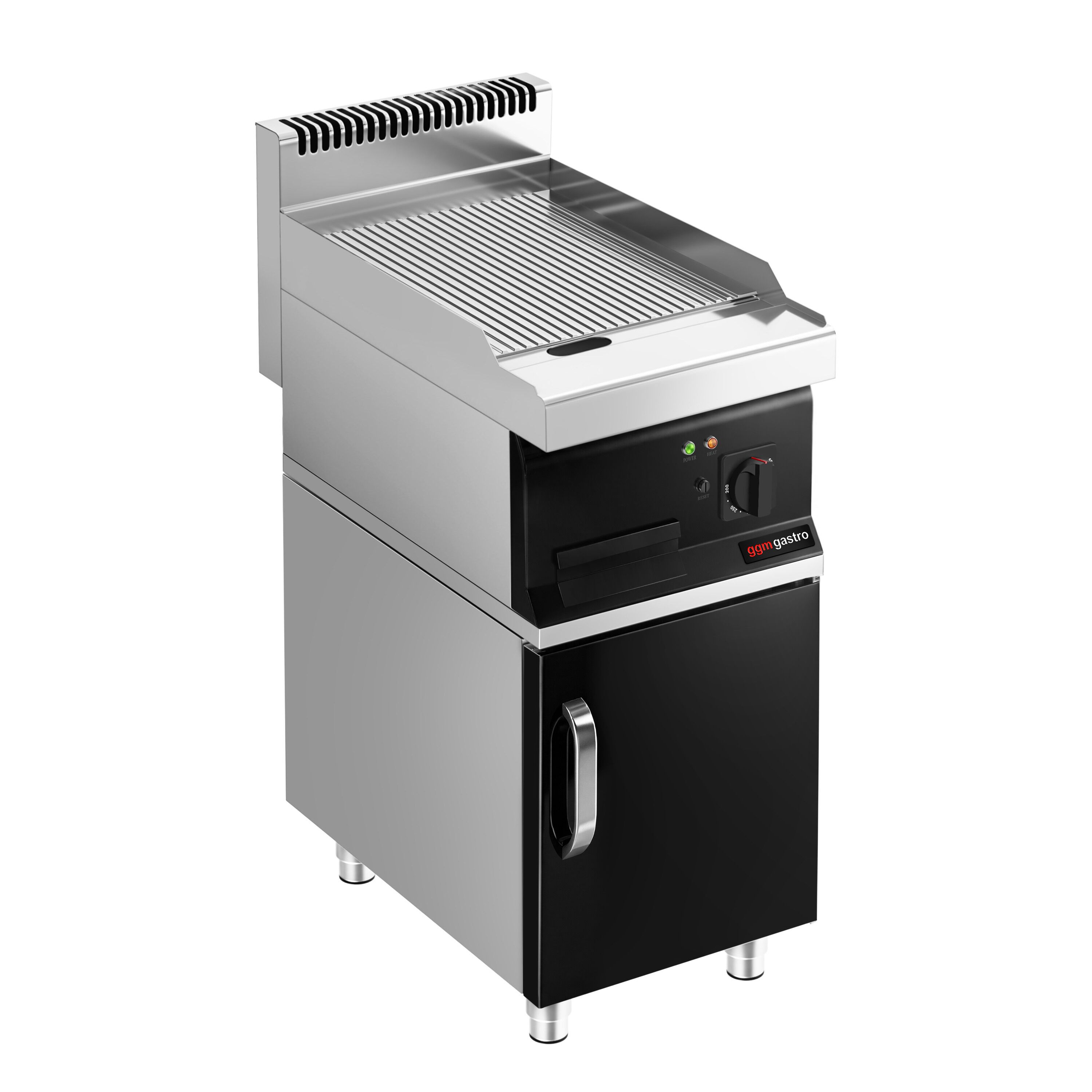 Plancha électrique - plaque acier - 8,0 kW - Rainurée - Surface de cuisson : 395x535mm - incl. soubassement avec 1 porte