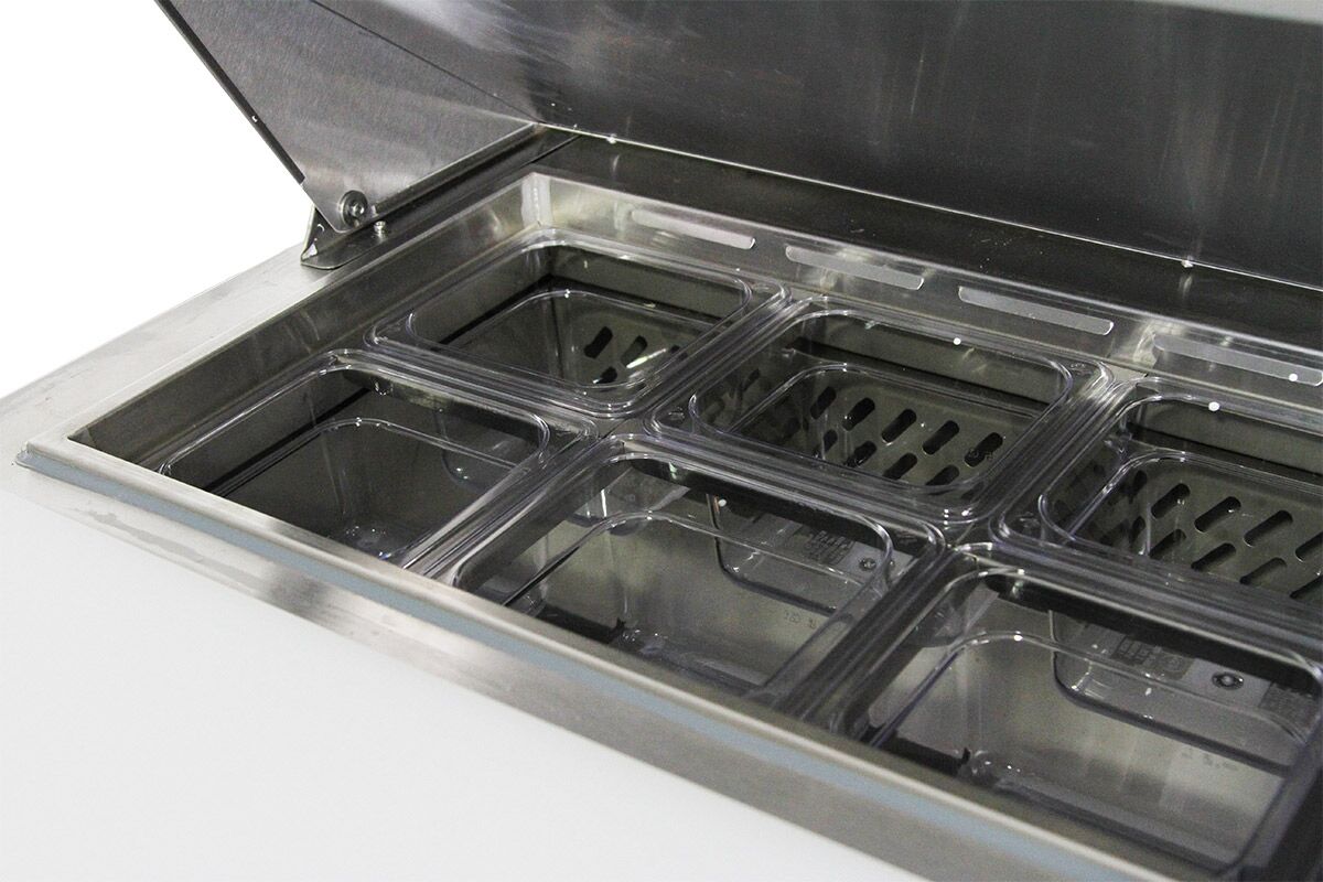 Commercial Saladette Counter American Style PREMIUM - 1830mm - 1940L - 3 doors - open top for 18 x GN 1/6 & stainless steel hinged lid - incl. 18x GN 1/6 pans