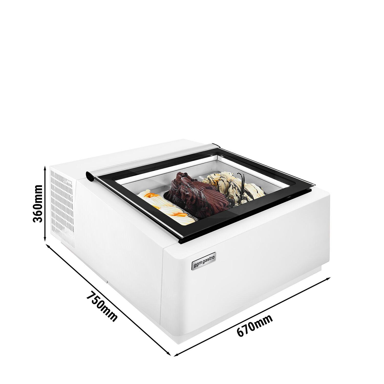 Vitrine à glaces à poser - 670mm - Froid statique - Couvercle vitré basculant - Blanc - pour 3 bacs de 5 L - Côté client