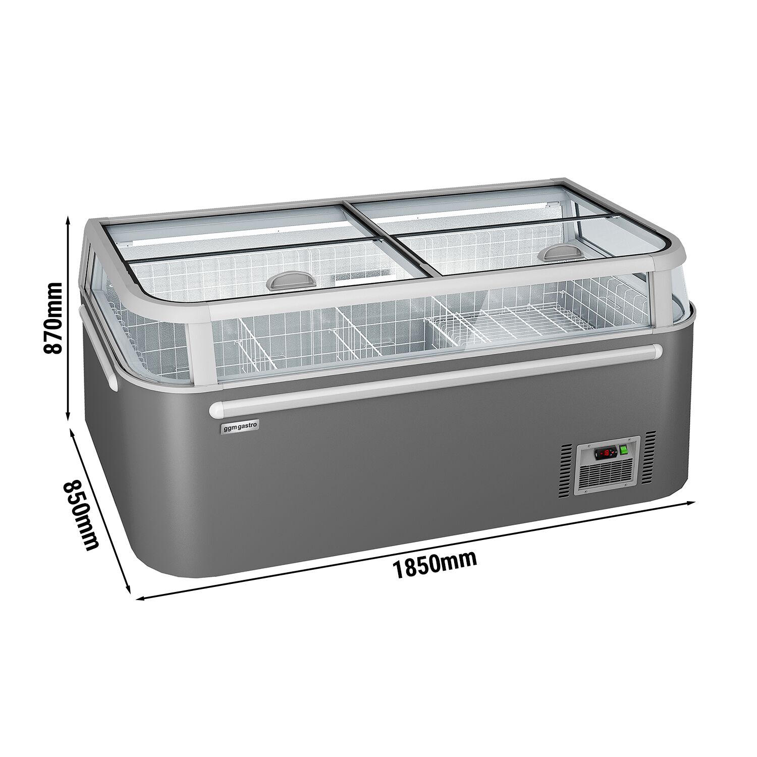 Îlot de congélation - Module de tête - 1850x850mm - 523 L - Couvercles coulissants en verre - Gris