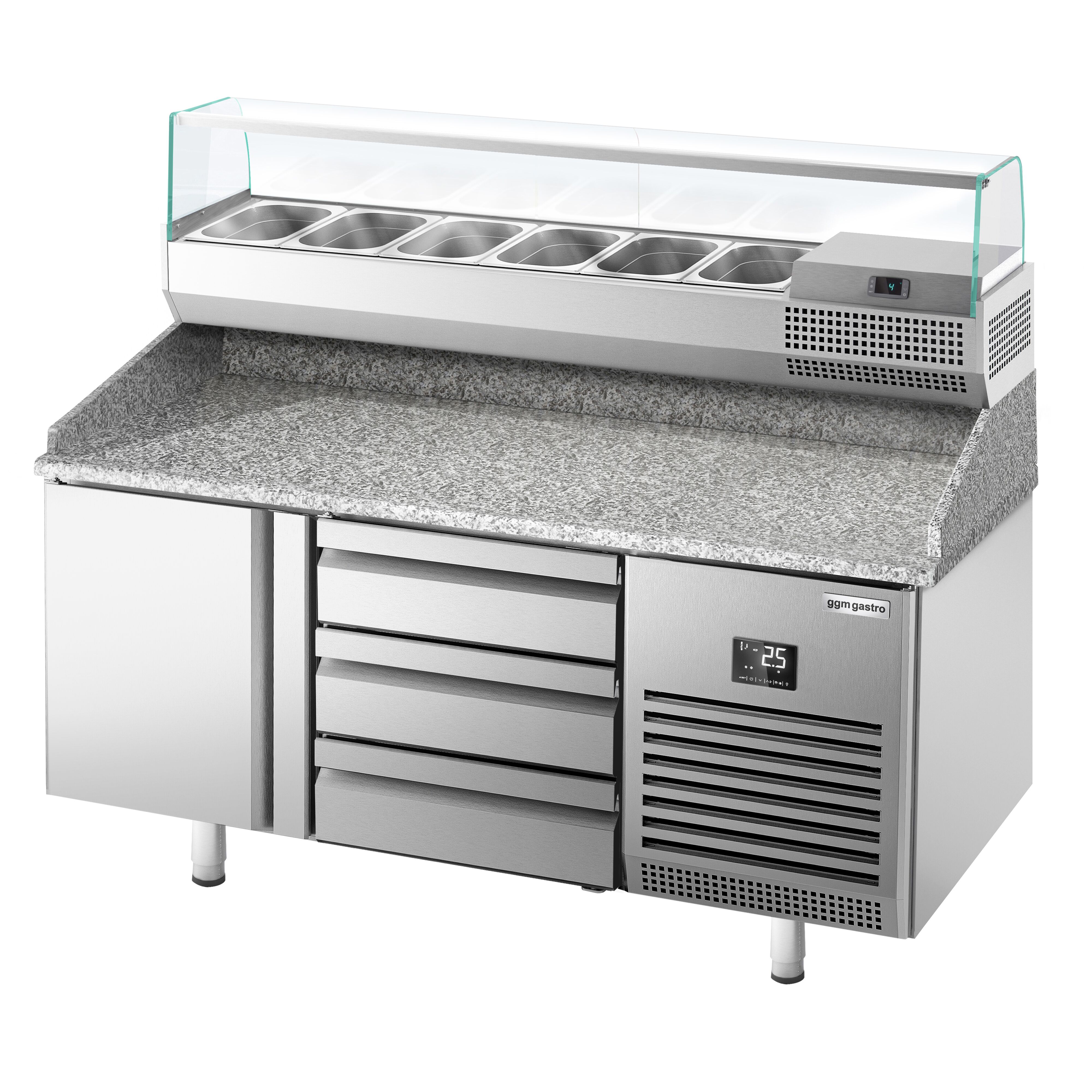 Table réfrigérée à pizza Premium PLUS - 1490x700 mm - avec 1 porte & 3 tiroirs - incl. vitrine réfrigérée - 6x GN 1/4