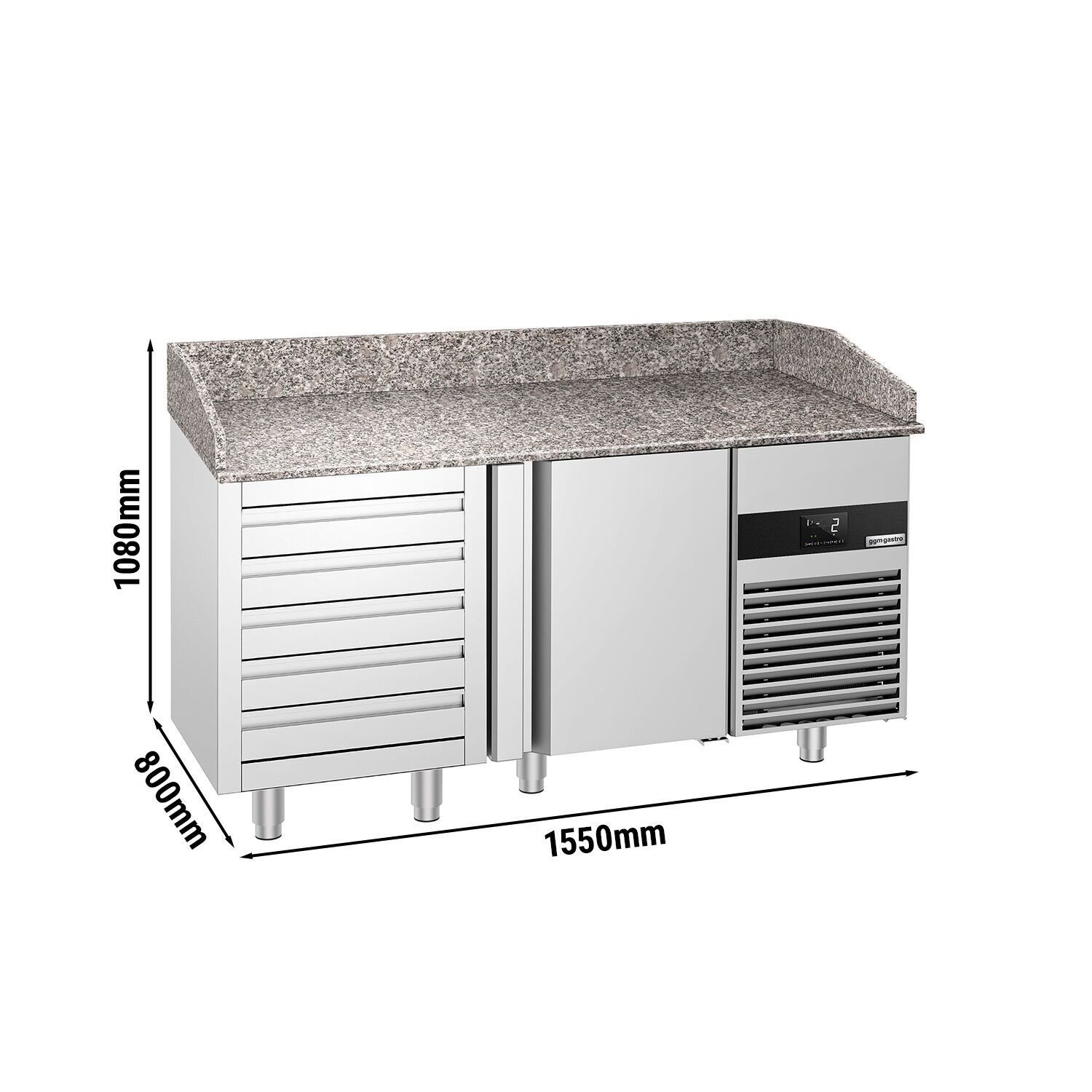 Table réfrigérée pour pizza PREMIUM - 1550 x 800 mm - avec 1 porte & 5 tiroirs
