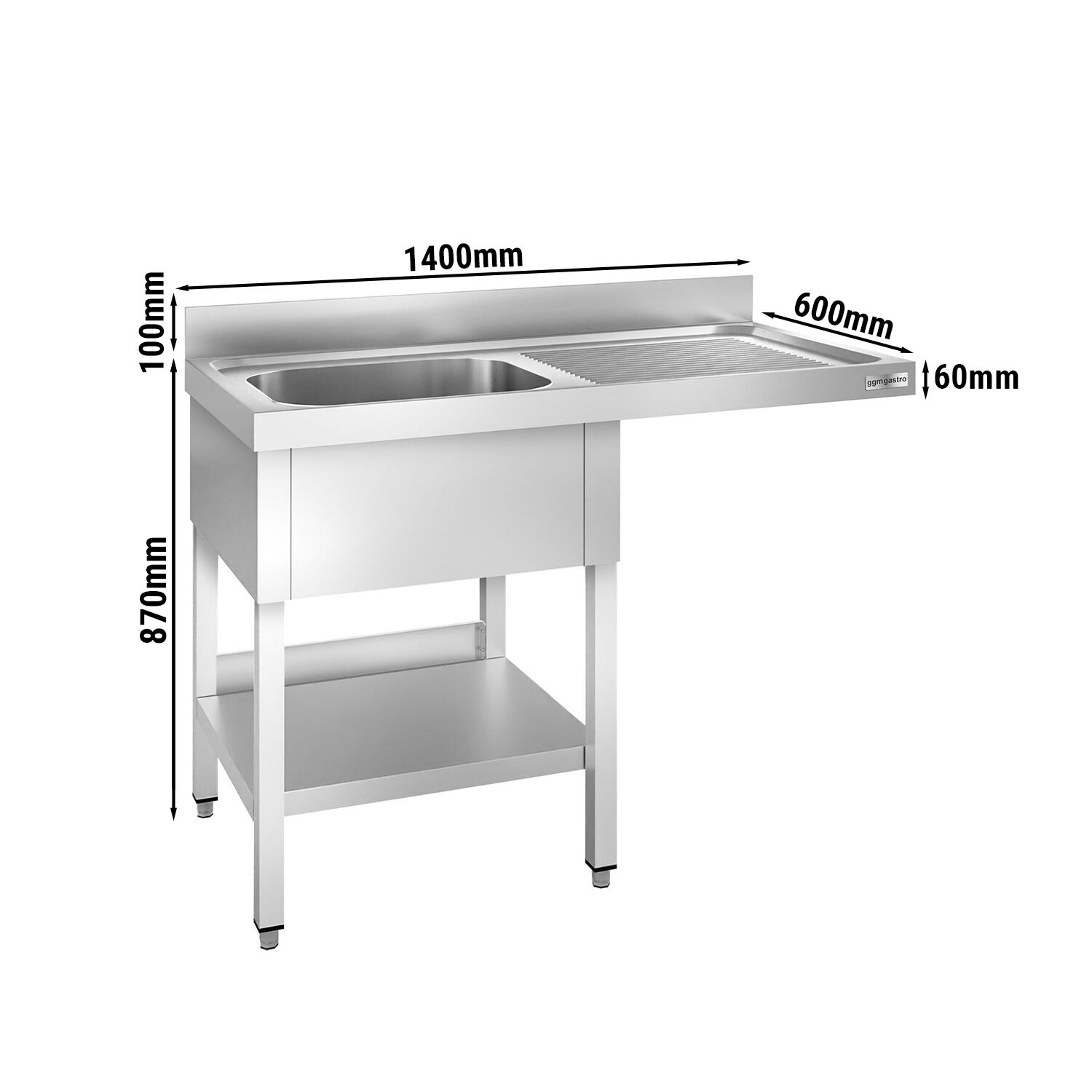 Plonge PREMIUM en acier inoxydable - 1400x600mm - 1 bac - bac à gauche - avec espace lave-vaisselle - adossée/avec dosseret