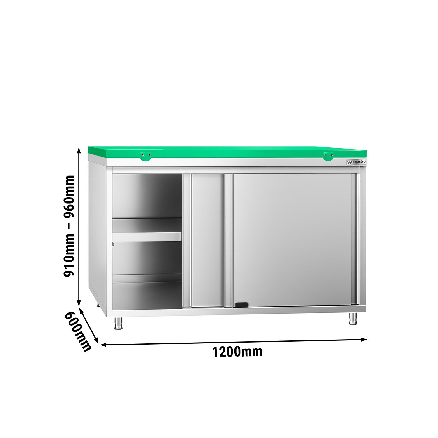 Table armoire en acier inoxydable PREMIUM - 1200x600mm - avec portes coulissantes et étagère basse - incl. plateau de découpe Vert PEHD (HACCP)