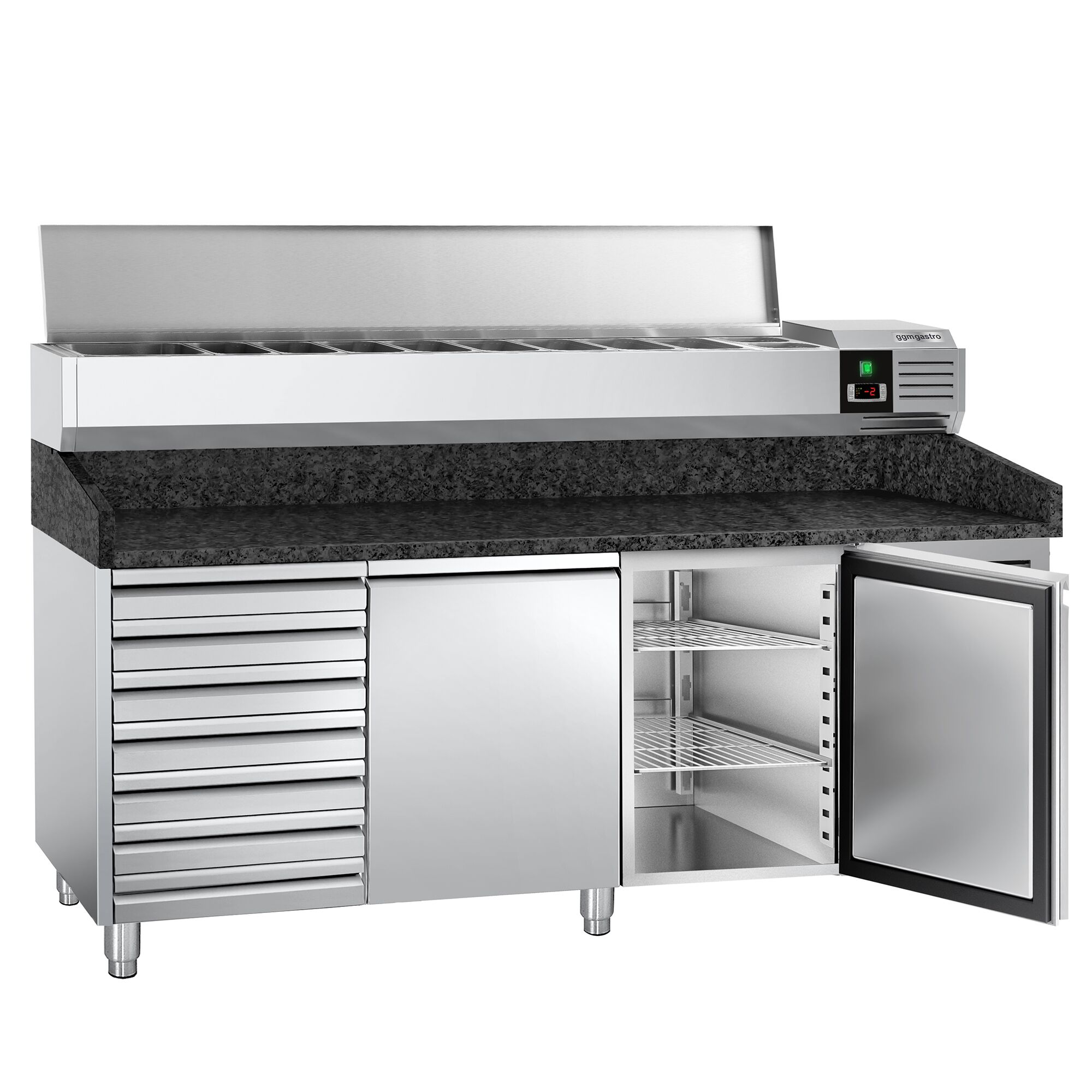 Table réfrigérée à pizza PREMIUM - 2000x800 mm - avec 2 portes & 7 tiroirs - incl. vitrine réfrigérée - 10x GN 1/4