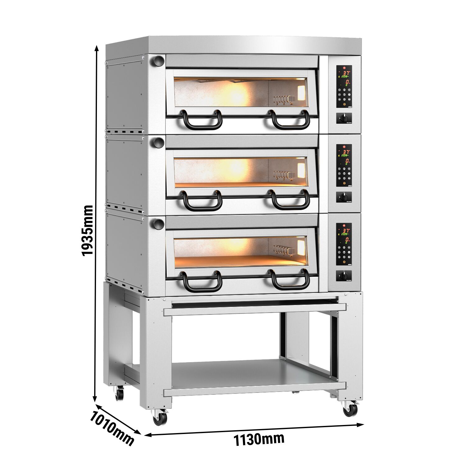 (3 szt.) Elektryczny Piec do pizzy - 3 x 4 x Ø34cm - Panel dotykowy - z okapem i ramą nośną