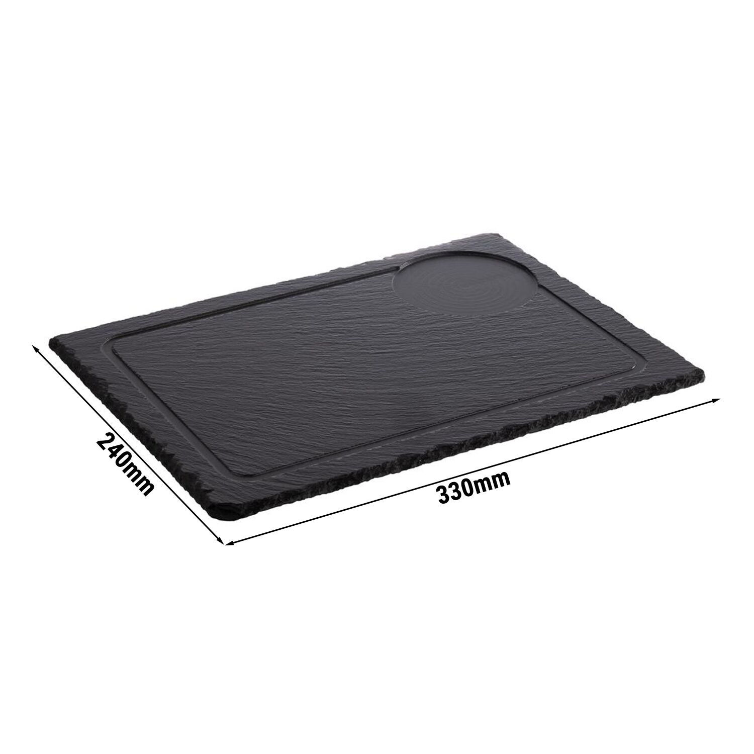 (6 st) Skifferplatta - 330x240 mm - Höjd: 10 mm - med 1 fördjupningar Ø 95 mm - med ränna - svart