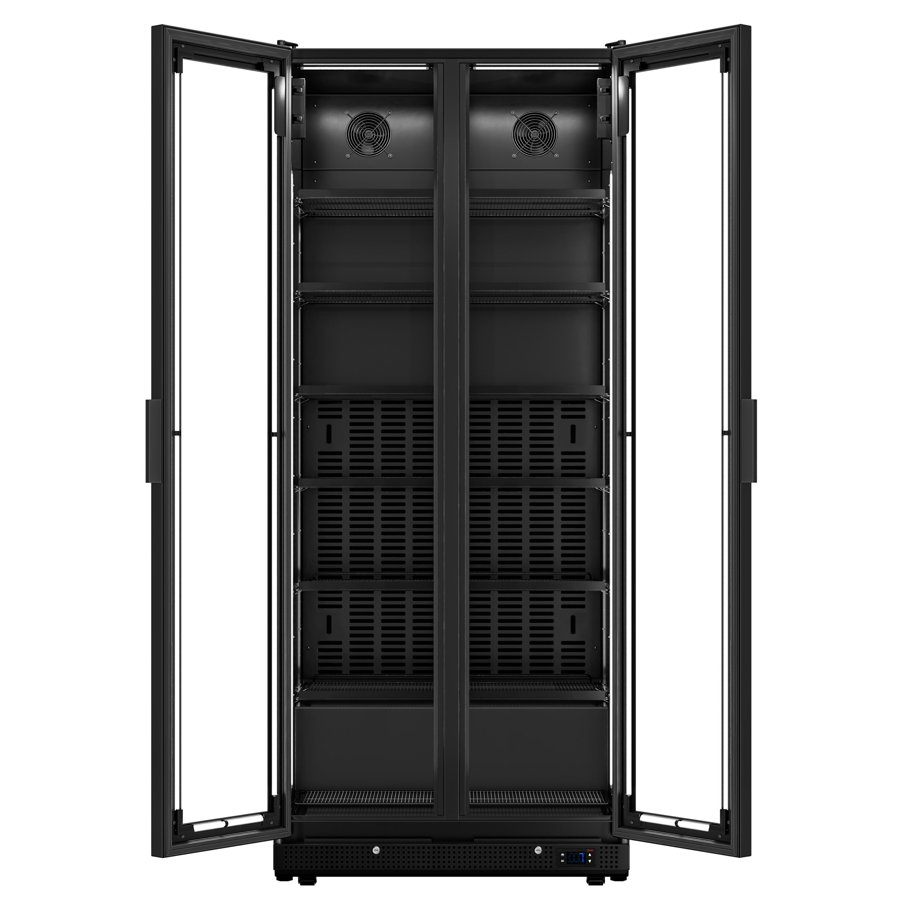 Commercial Beverage Display Fridge - 900mm - 573 Litres - with 2 hinged glass doors - LED lighting - digital controller with temperature display - Black - Temperature range 0 to 7 °C