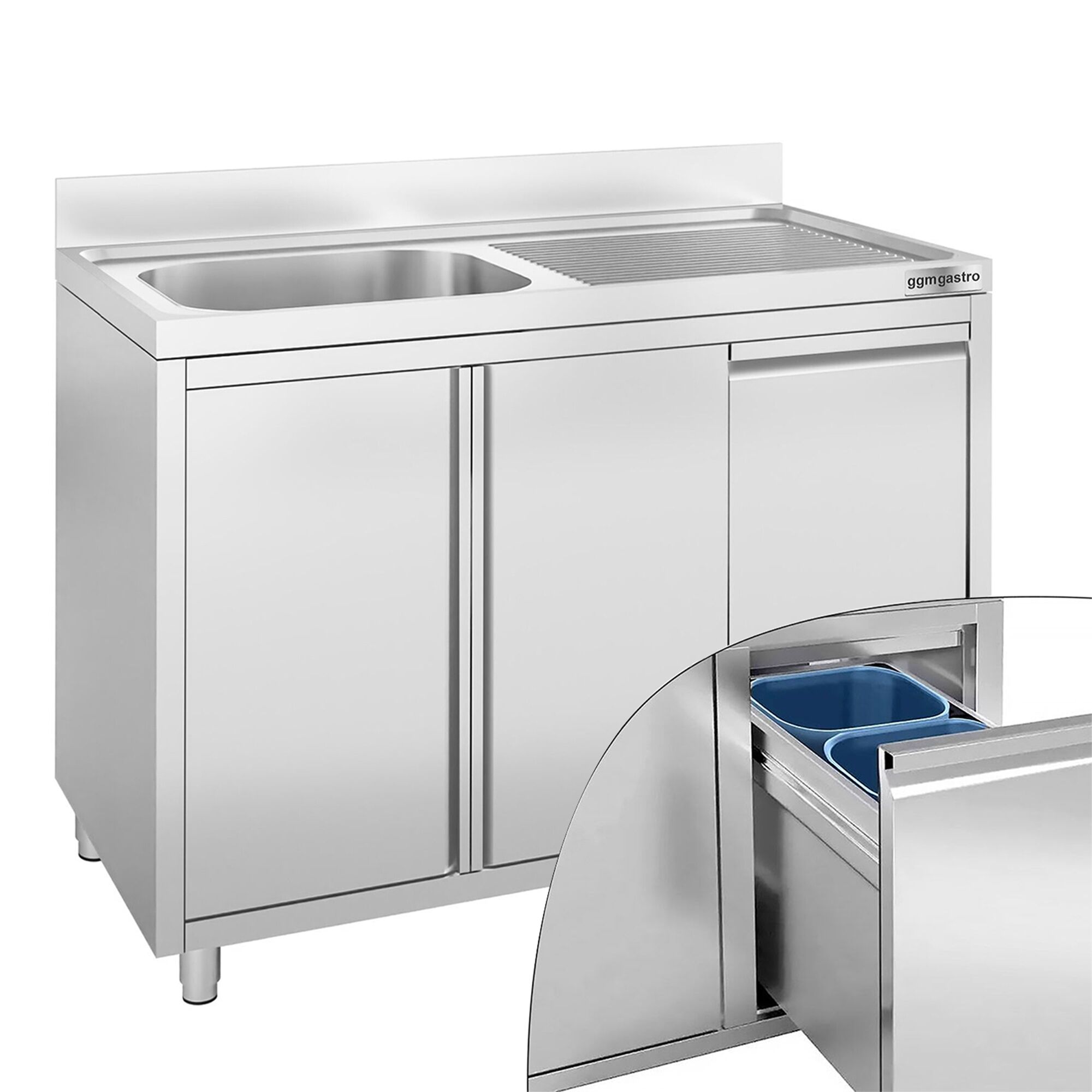Commercial Sink Cabinet - Stainless Steel - 1200x700 -   Waste Bin - 1 Bowl Left