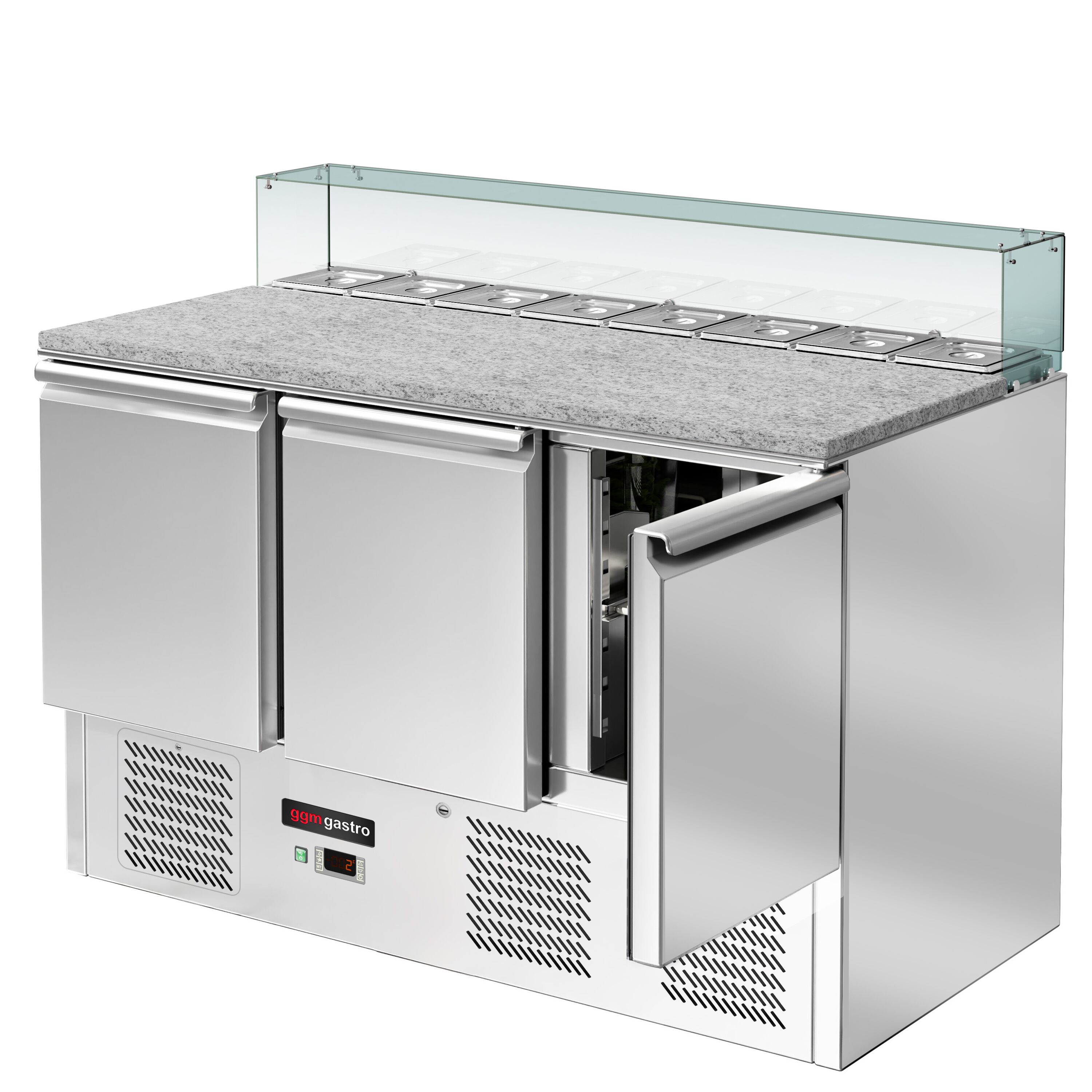 Saladette réfrigérée ECO - 1368mm - 368L - 3 portes - avec vitrine de comptoir pour 8x GN 1/6