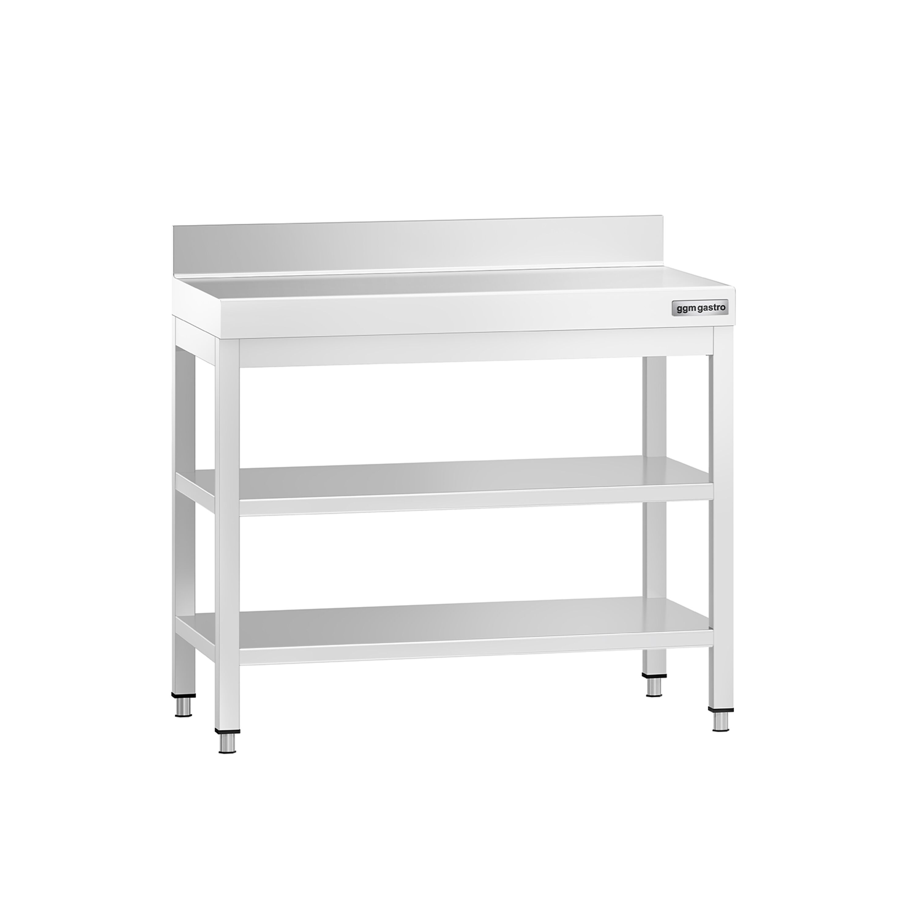Table de travail inox PREMIUM - 800 x 600 mm - avec tablette inférieure, Dosseret & Tablette intermédiaire