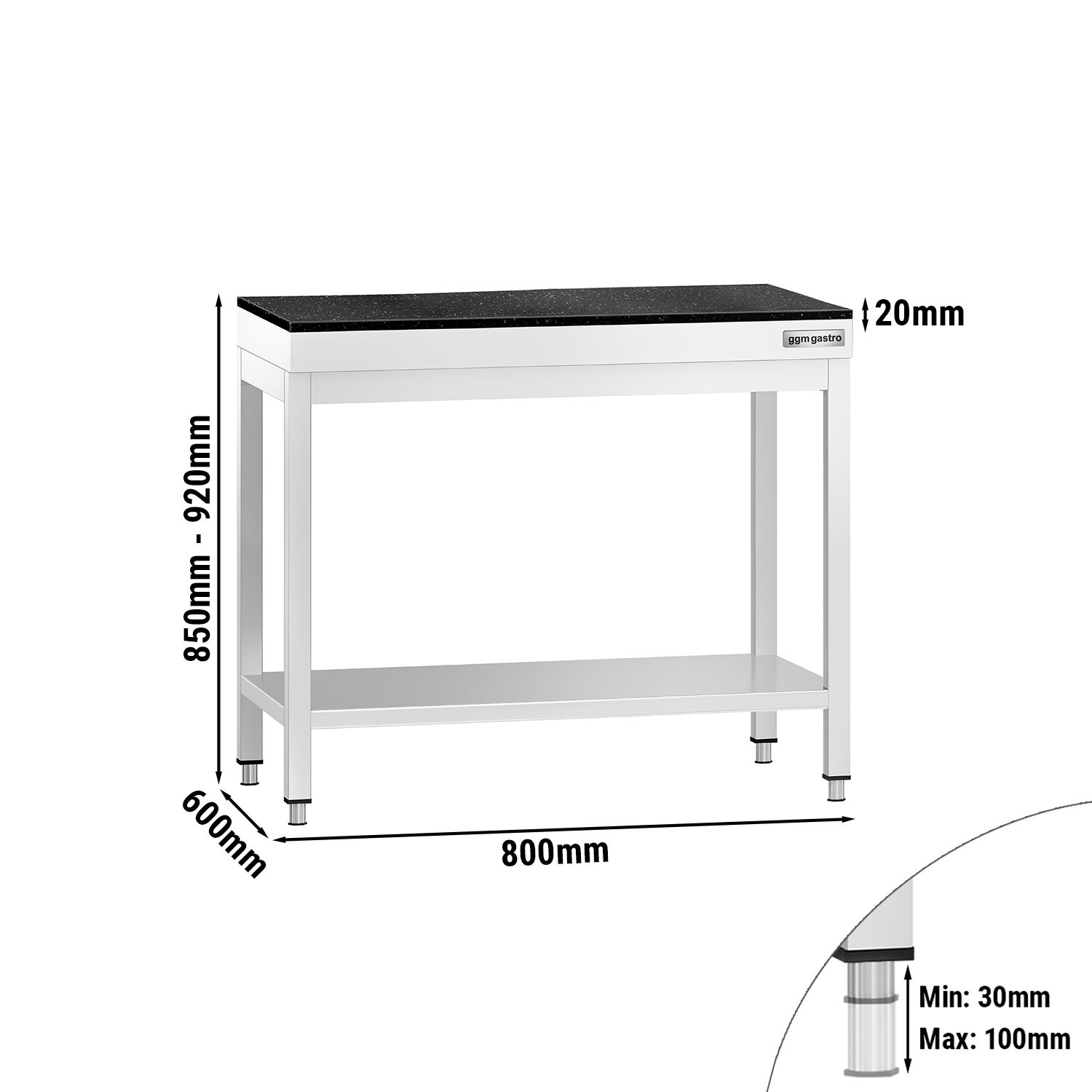 Table de travail inox PREMIUM - 800 x 600 mm - avec tablette inférieure - incl. Plan de travail en Granit