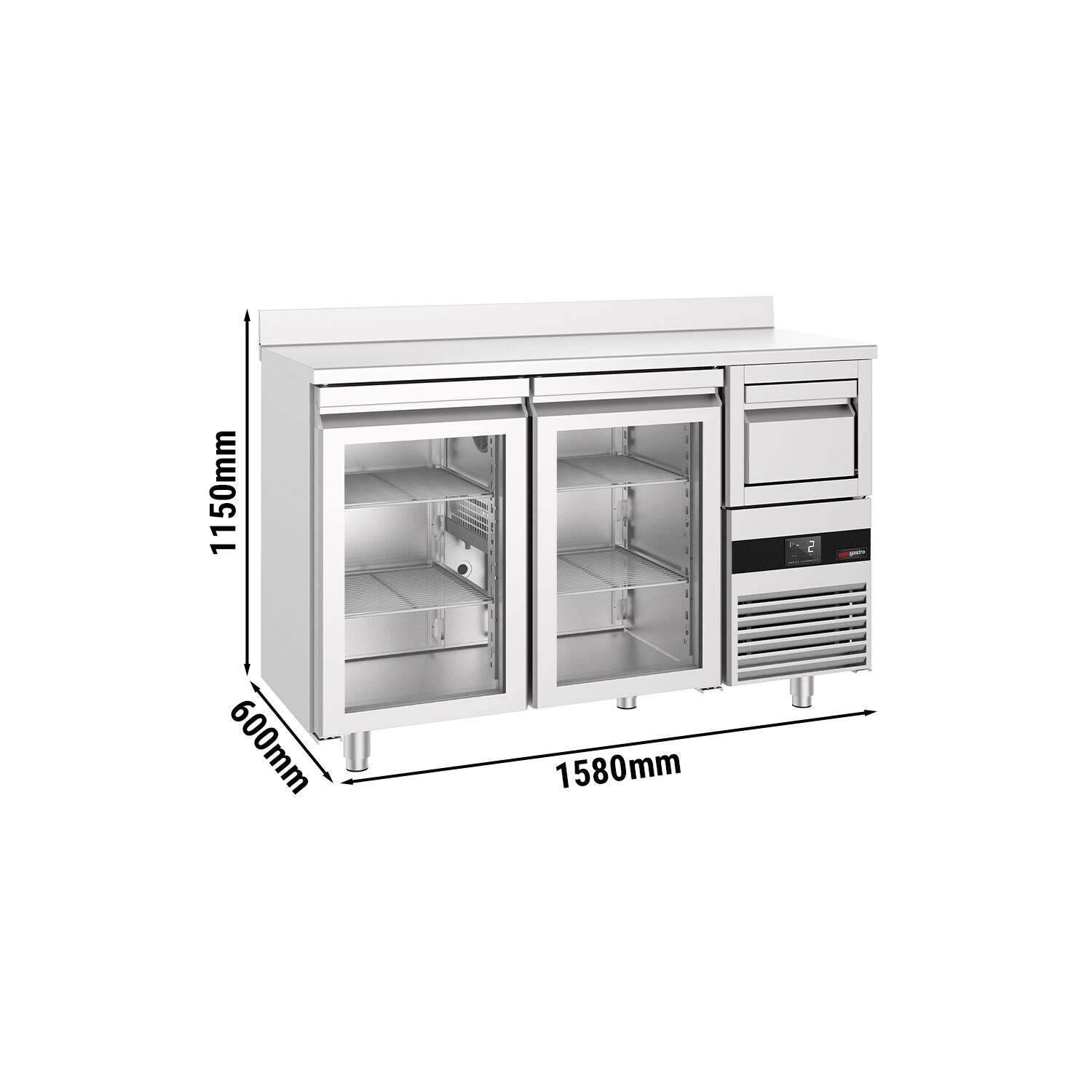 Arrière-bar réfrigéré professionnel PREMIUM - 1580 x 600 mm - avec 2 portes vitrées - avec dosseret - avec tiroir à marc de café
