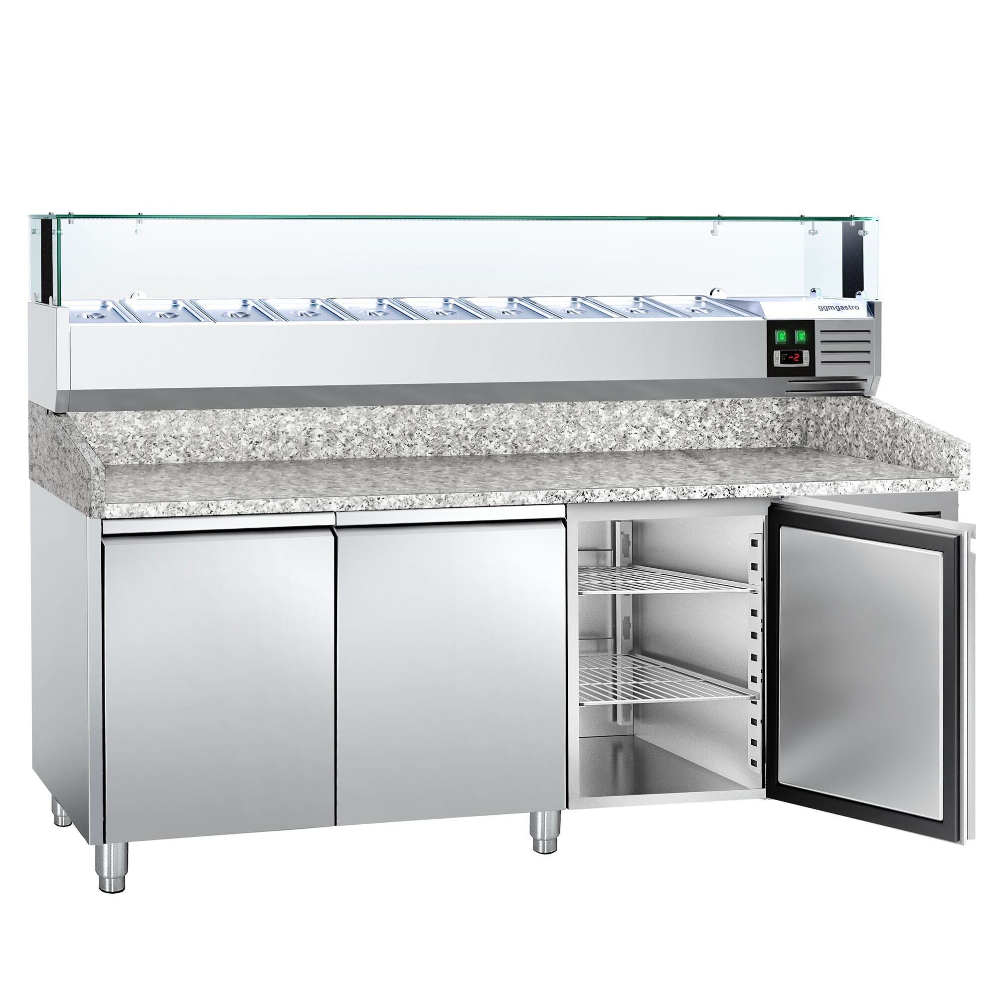 Table réfrigérée pour pizza PREMIUM - 2000 x 800 mm - avec 3 portes - incl. vitrine réfrigérée avec LED - 10 x GN 1/4