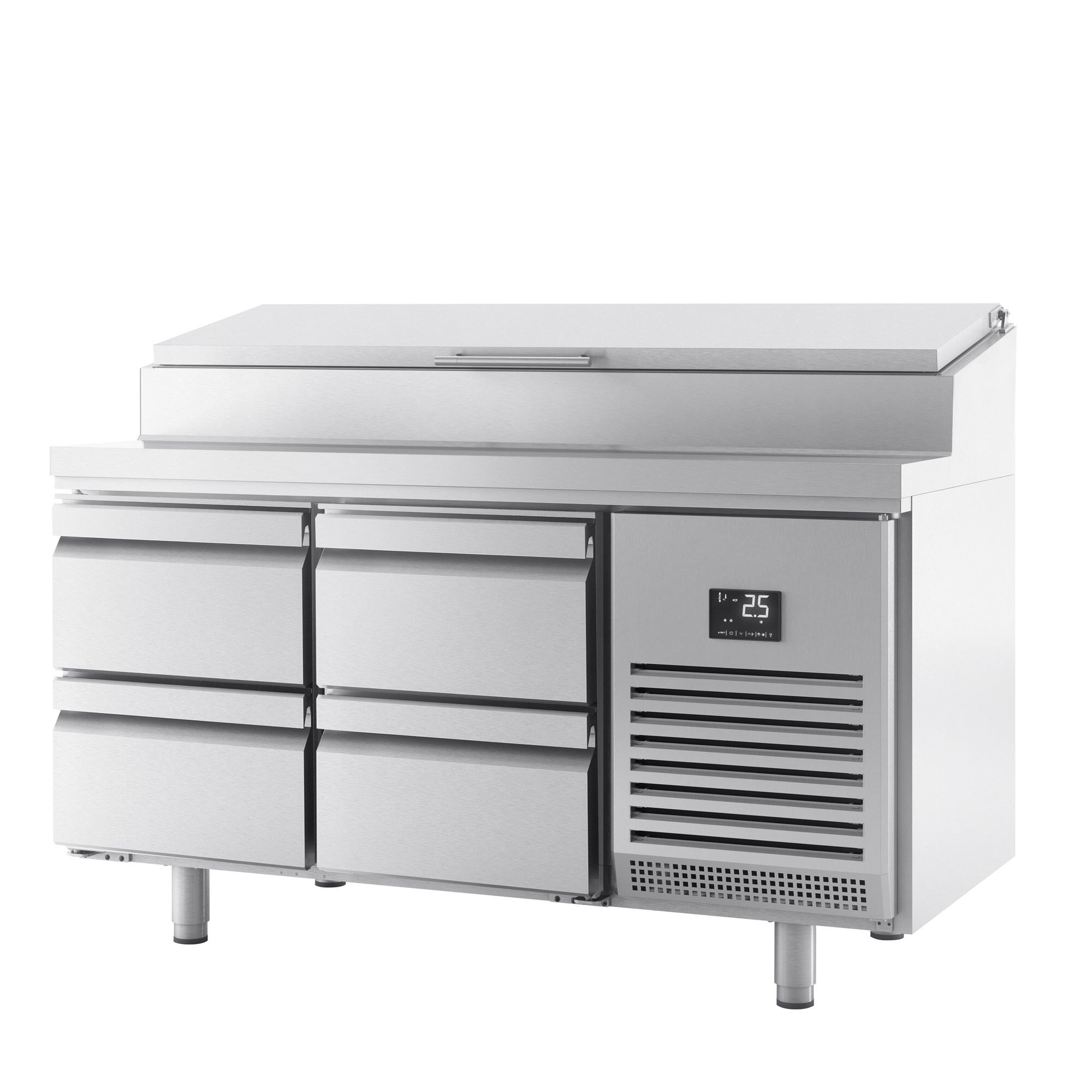 Table réfrigérée de préparation - 1468 x 700 mm - avec 4 tiroirs - avec superstructure en inox 1 x GN 1/2 et 6 x GN 1/3