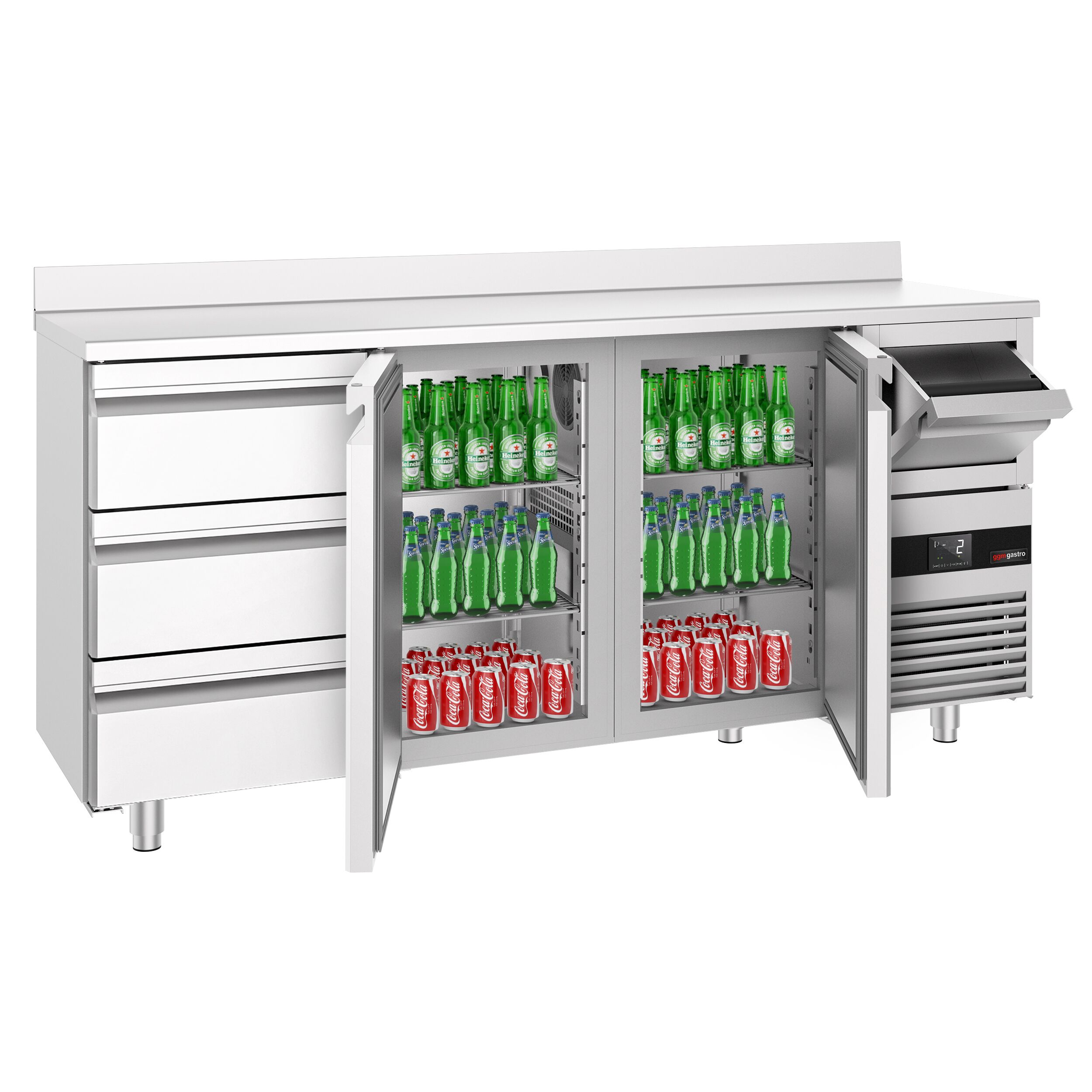Arrière-bar réfrigéré professionnel PREMIUM - 2130 x 600 mm - avec 2 portes et 3 tiroirs - avec dosseret - avec tiroir à marc de café