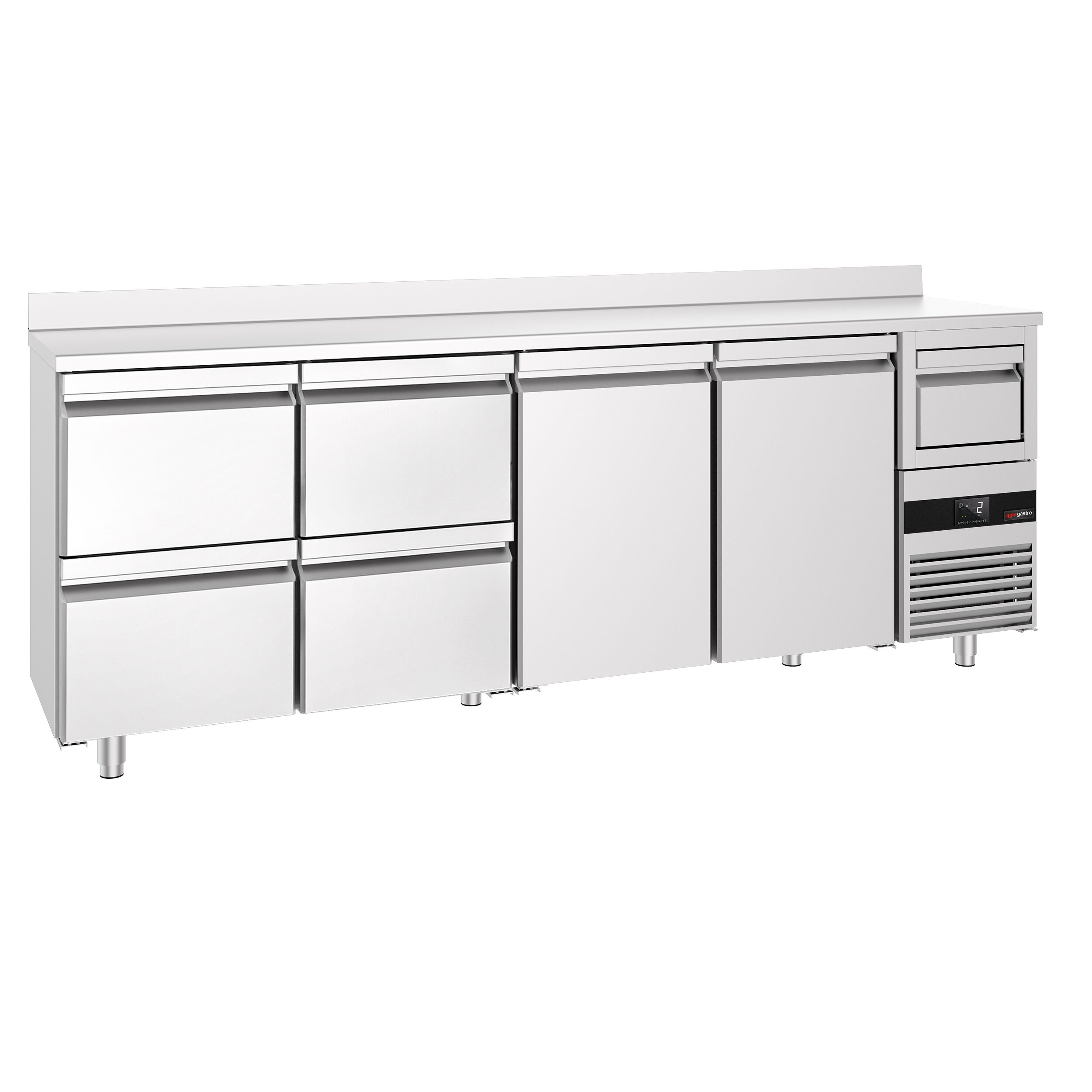 Arrière-bar réfrigéré professionnel  PREMIUM - 2690 x 600 mm - avec 2 portes et 4 tiroirs - avec dosseret - avec tiroir à marc de café