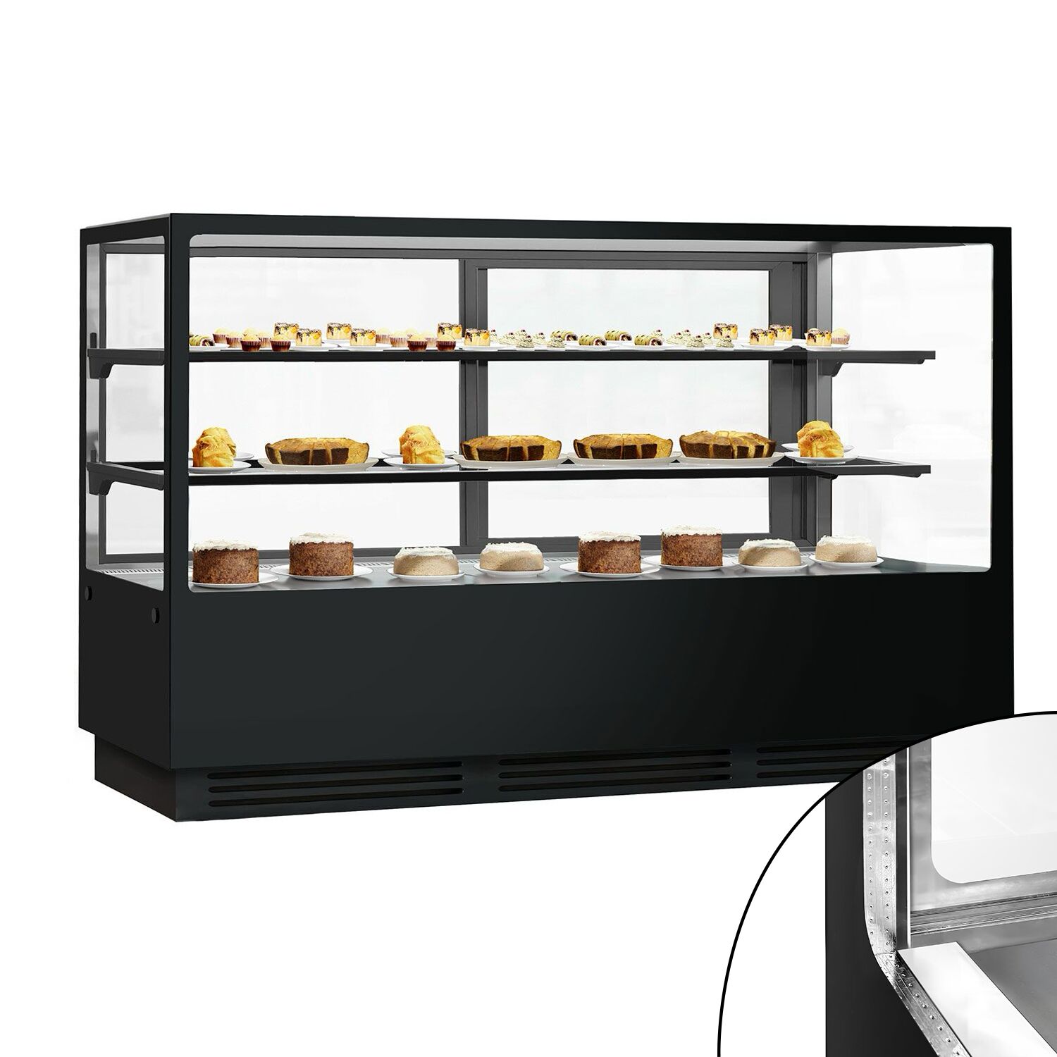 Vetrina pasticceria refrigerata - 782l - 2000mm - Doppio vetro - con 2 ripiani - LED interni; schienale a specchio; porte posteriori scorrevoli - Nero