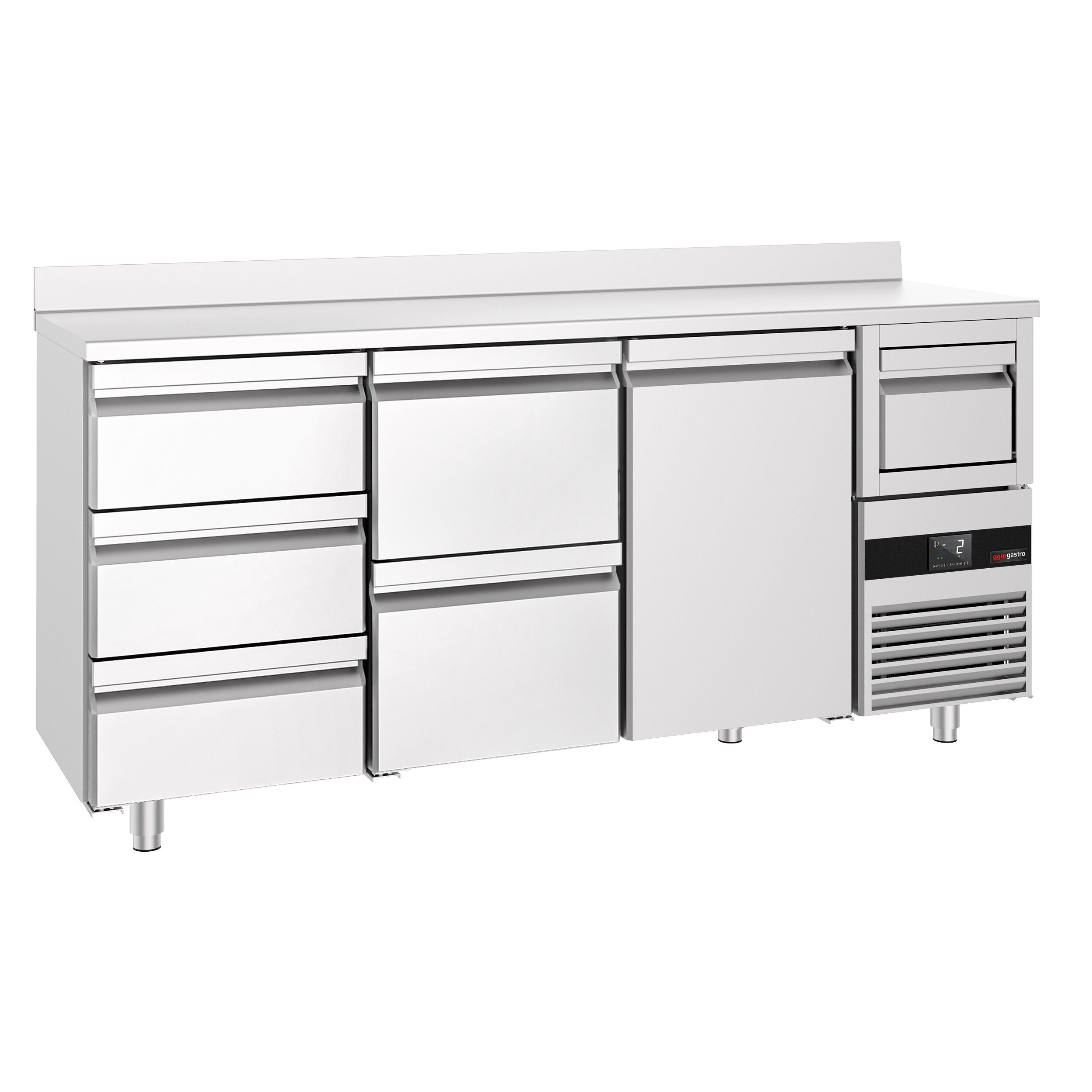 Arrière-bar réfrigéré professionnel PREMIUM - 2130 x 600 mm - avec 1 porte et 5 tiroirs - avec dosseret - avec tiroir à marc de café